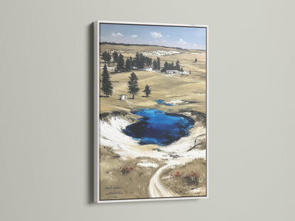 White frame displays Wyoming landscape artwork. Ideal for rustic farmhouse neutral or nature-inspired styles. The Grand Prismatic Springs Yellowstone National Park poster is great for living rooms cabins offices and libraries. Nature wall art brings scenic artwork to any space.