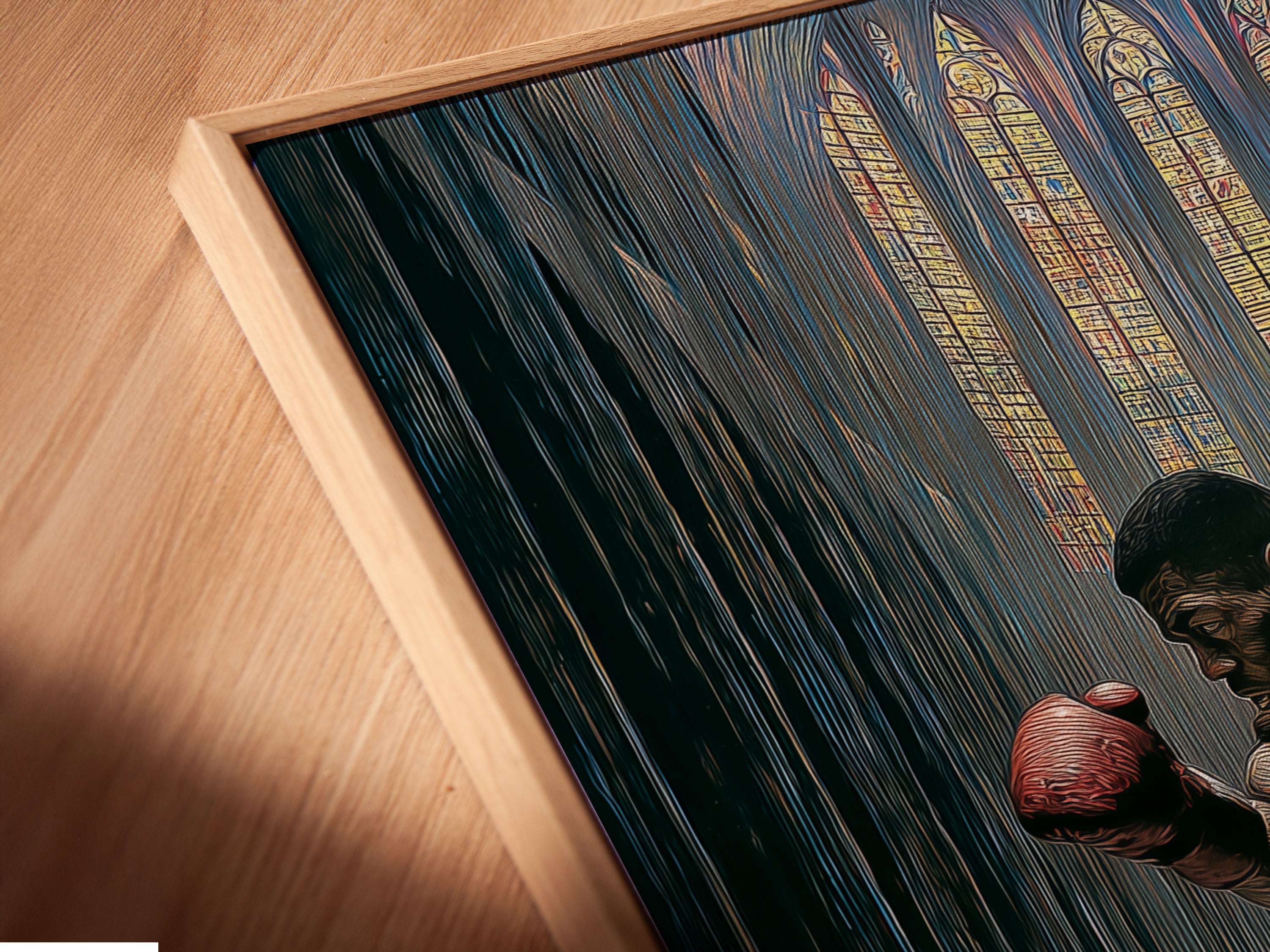 A close-up angled view of canvas print in a floating frame. The gothic style of this vintage boxing artwork stands out. This fighter canvas is perfect for man cave decor. A unique piece of sports room decor. The floating frame adds a modern touch to this boxing artwork.