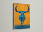 Discover the elegance of a white frame. It enhances this longhorn art piece. The teal blue bull stands out against the orange backdrop. The white frame offers a clean modern look. This artwork complements any room decor. Perfect for farmhouse or eclectic styles.