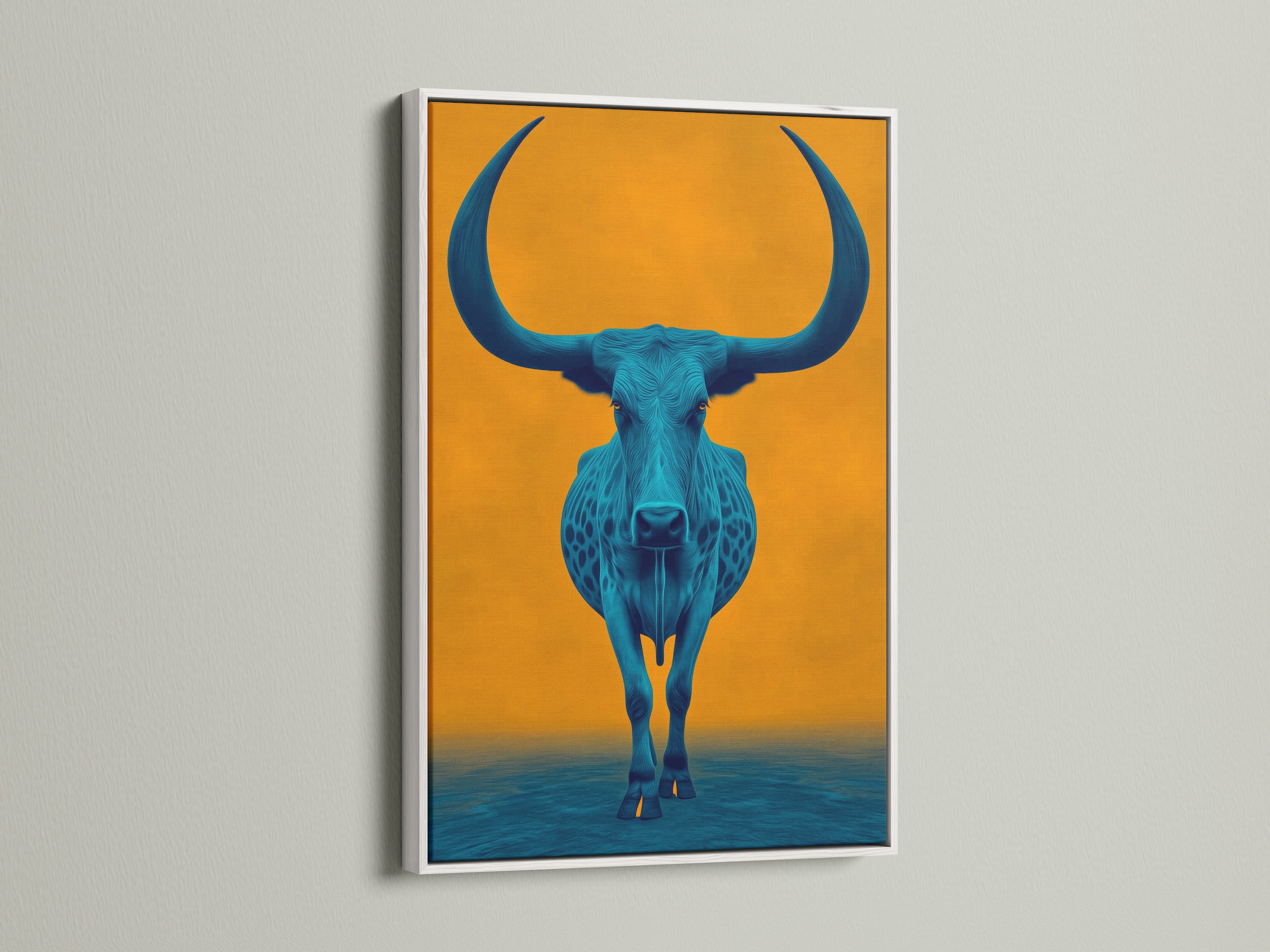Discover the elegance of a white frame. It enhances this longhorn art piece. The teal blue bull stands out against the orange backdrop. The white frame offers a clean modern look. This artwork complements any room decor. Perfect for farmhouse or eclectic styles.