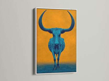 Discover the elegance of a white frame. It enhances this longhorn art piece. The teal blue bull stands out against the orange backdrop. The white frame offers a clean modern look. This artwork complements any room decor. Perfect for farmhouse or eclectic styles.