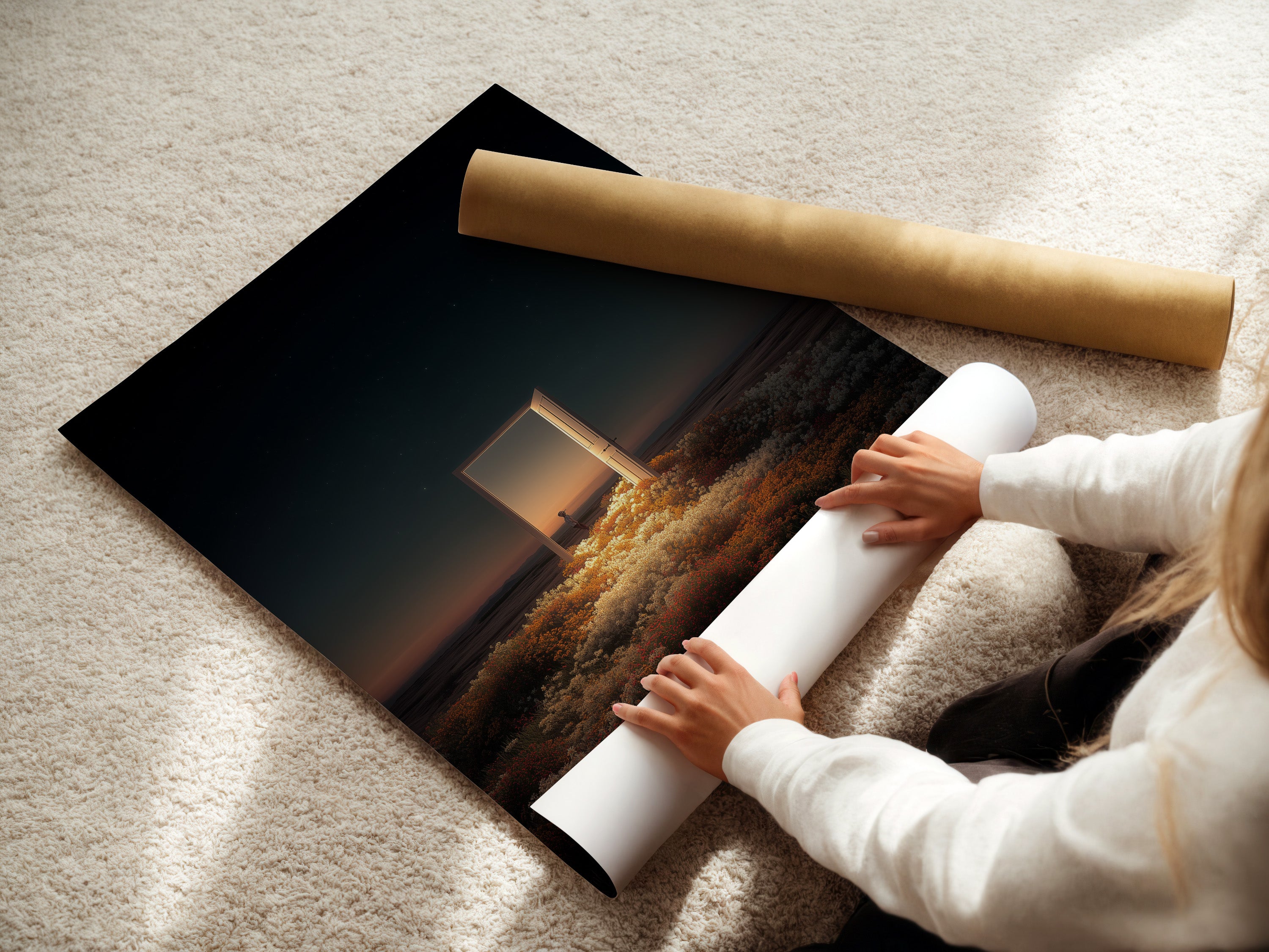 Woman rolling a fine art poster paper. The poster paper is high-quality. The woman is carefully rolling the paper. She is preparing it for shipping. This ensures it arrives in perfect condition.