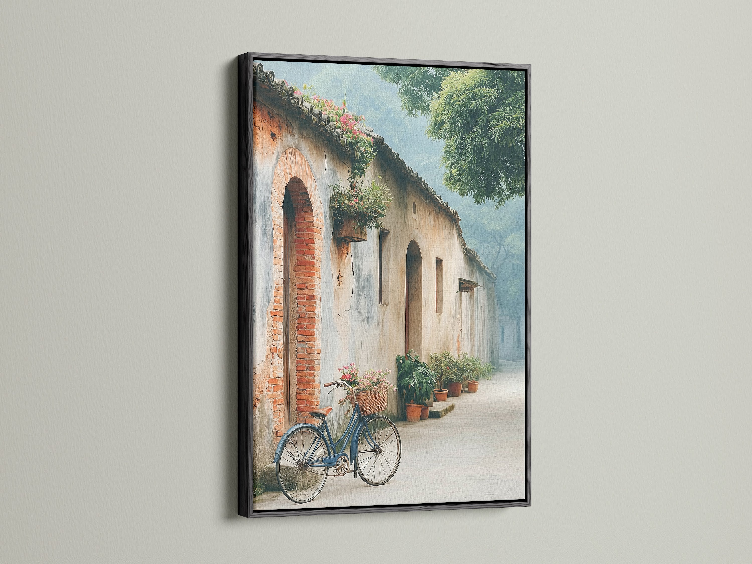 Vintage bicycle art in a black frame. This European street artwork brings a rustic touch. A blue bicycle with a flower basket adds color. The architecture print is great for entryways or studios. This canvas print is a stunning piece of Europe decor.