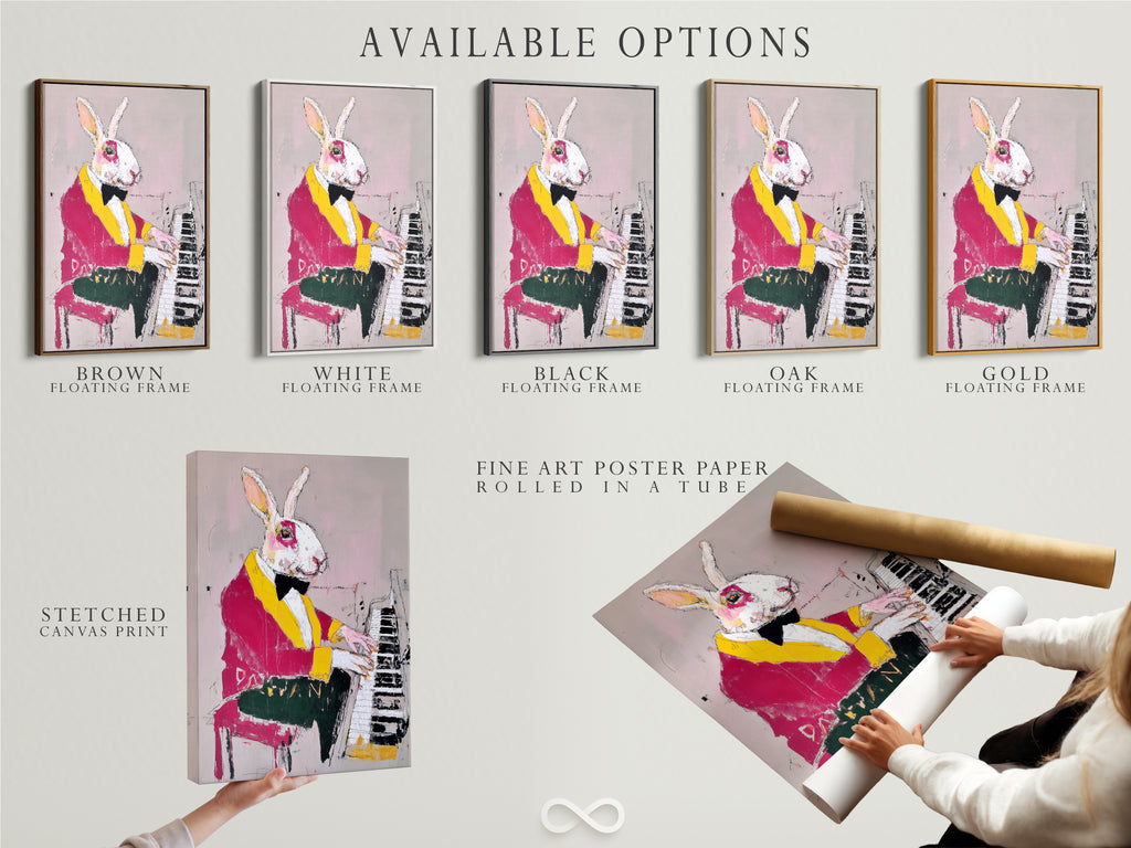 Explore available options for the Rabbit Pianist artwork. Choose between a stretched canvas print a fine art poster paper or a floating frame. This whimsical animal wall art is perfect for music room decor. Customize your art today.