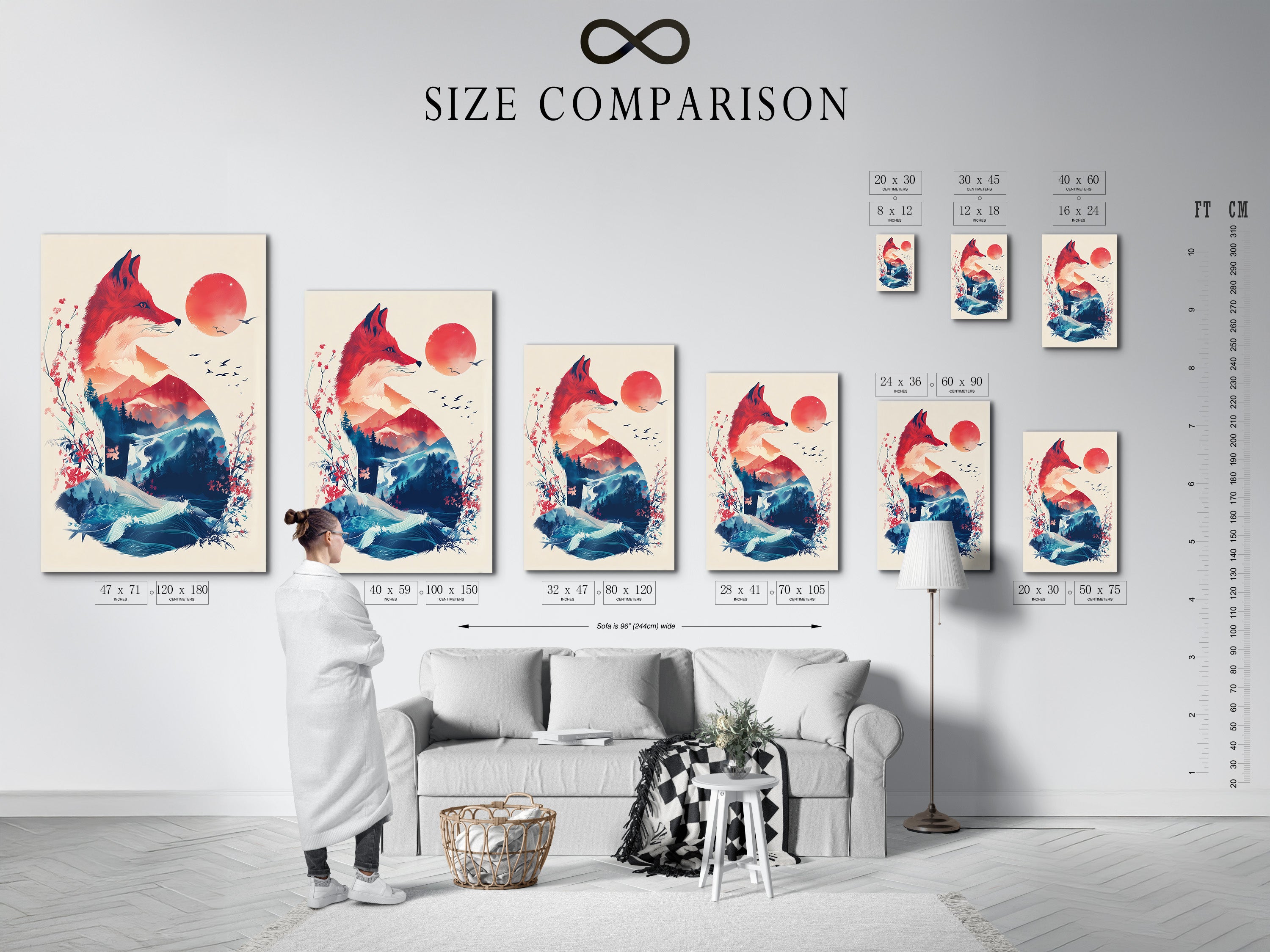 A size comparison chart is displayed in an interior setting. The chart helps visualize artwork dimensions. It is in a real room. The chart makes it easier to choose the perfect size for your space. Plan your art arrangement with confidence using this chart.