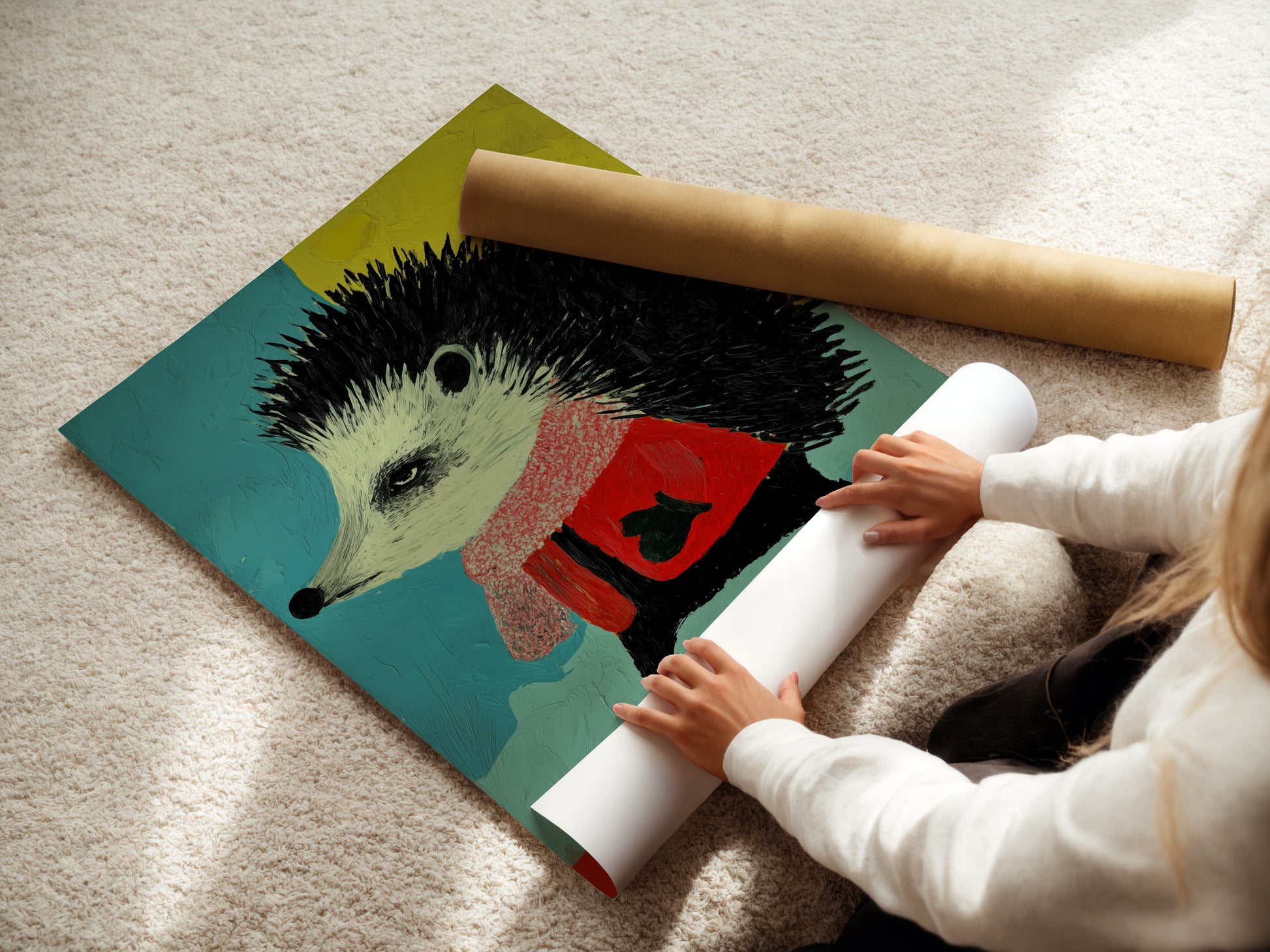 A woman is carefully rolling a fine art poster paper print of the hedgehog artwork. This whimsical animal canvas wall art is perfect for nursery decor. It is also great for kids' rooms. The colorful animal print adds a playful touch.