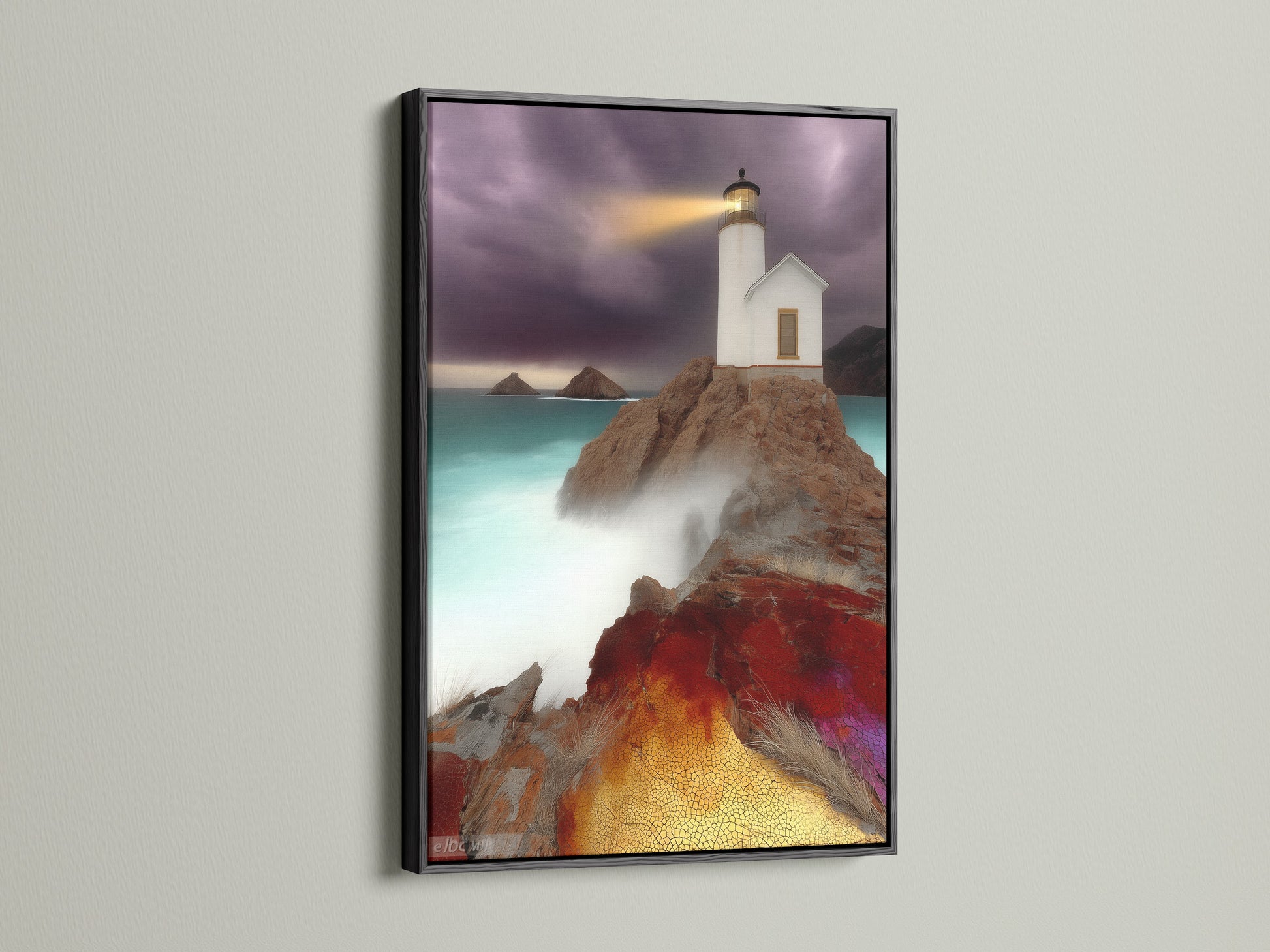 Lighthouse coastal art print in a black frame. The black frame provides a sleek modern look. A striking contrast to the coastal artwork. Perfect for living room wall art. View our sea landscape collection now.