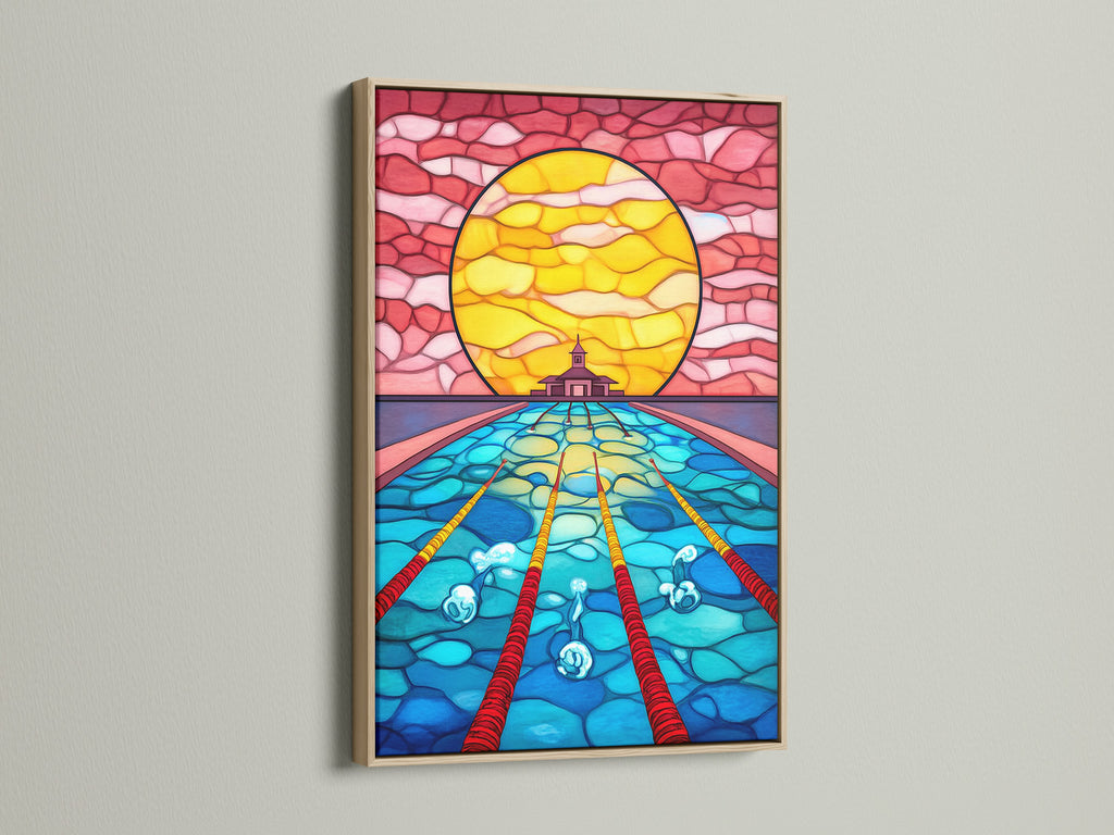 Stained Glass Ocean Artwork is shown in an oak frame. This underwater art features a mosaic style. The zen wall decor is ideal for creating a spiritual space. This geometric ocean art is calming.