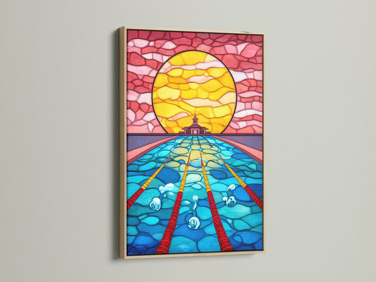 Stained Glass Ocean Artwork is shown in an oak frame. This underwater art features a mosaic style. The zen wall decor is ideal for creating a spiritual space. This geometric ocean art is calming.