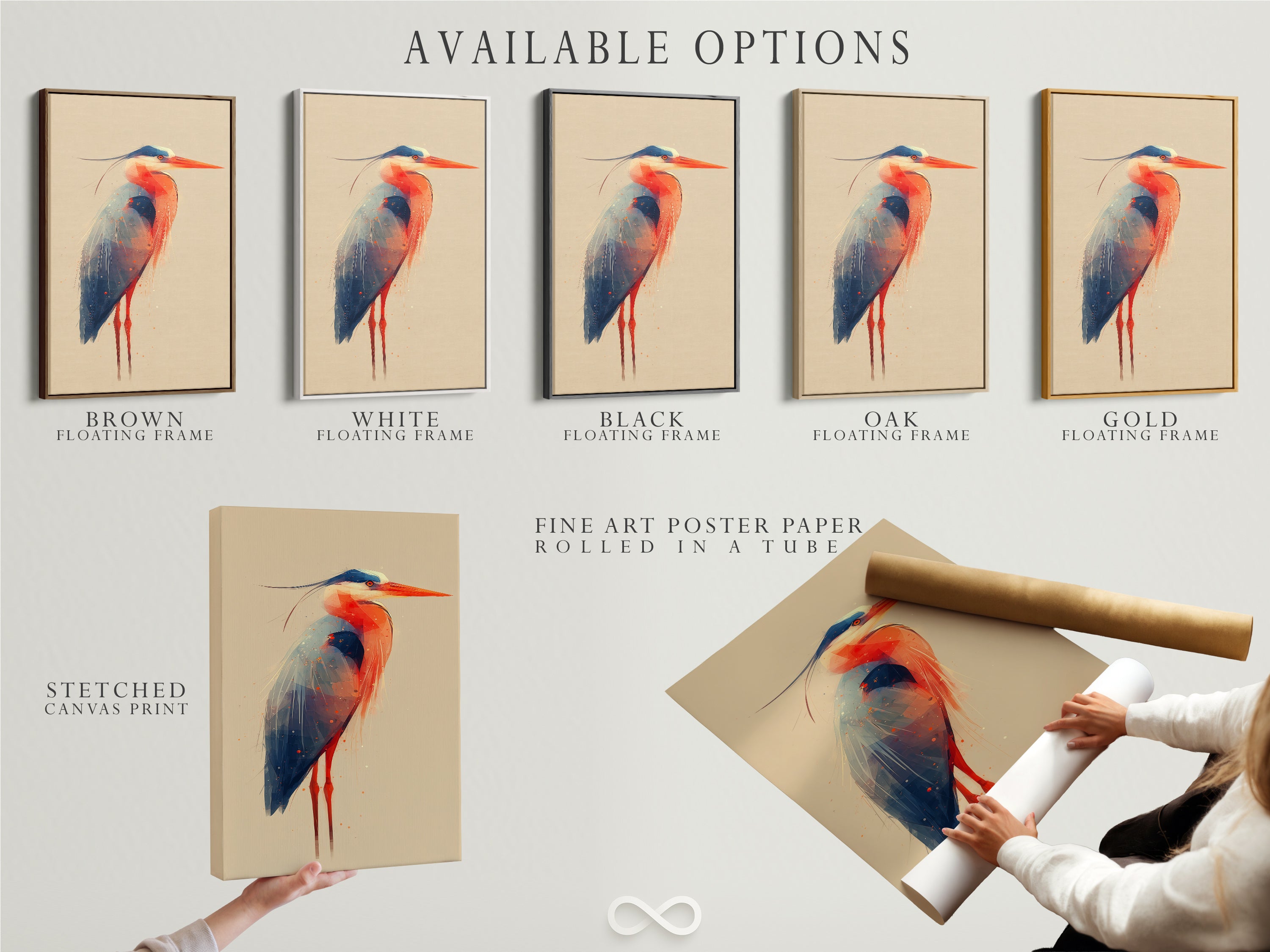 Explore available options for heron artwork. Select from stretched canvas prints fine art poster paper and floating frames. Customize your bird canvas print to suit your style. Create unique coastal wall art with these choices. Find the perfect modern nature art for your space. Transform your decor today.