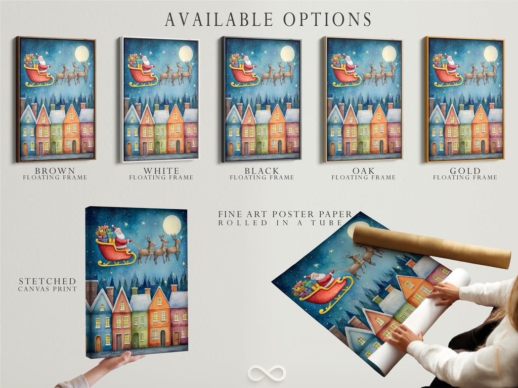 Available options for the Santa's Sleigh artwork. Choose from stretched canvas print fine art poster paper or floating frame. Enhance your home with this watercolor Christmas wall art. Create a festive atmosphere.