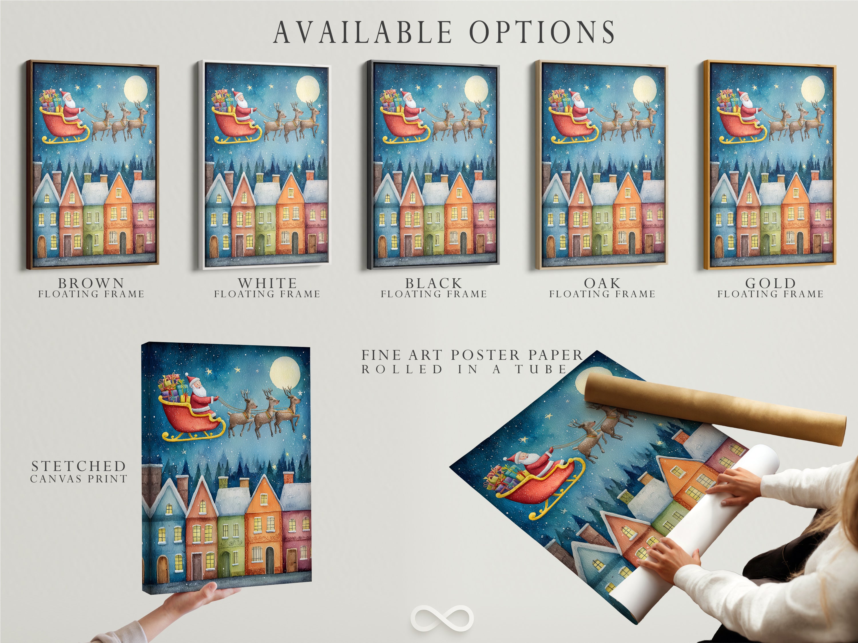 Available options for the Santa's Sleigh artwork. Choose from stretched canvas print fine art poster paper or floating frame. Enhance your home with this watercolor Christmas wall art. Create a festive atmosphere.