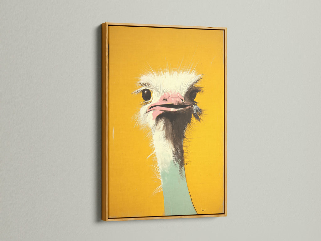 A colorful ostrich art print is luxuriously displayed in a gold frame. The gold frame adds a touch of opulence and glamour. This is a statement piece for any art lover. Shop our framed art collection.