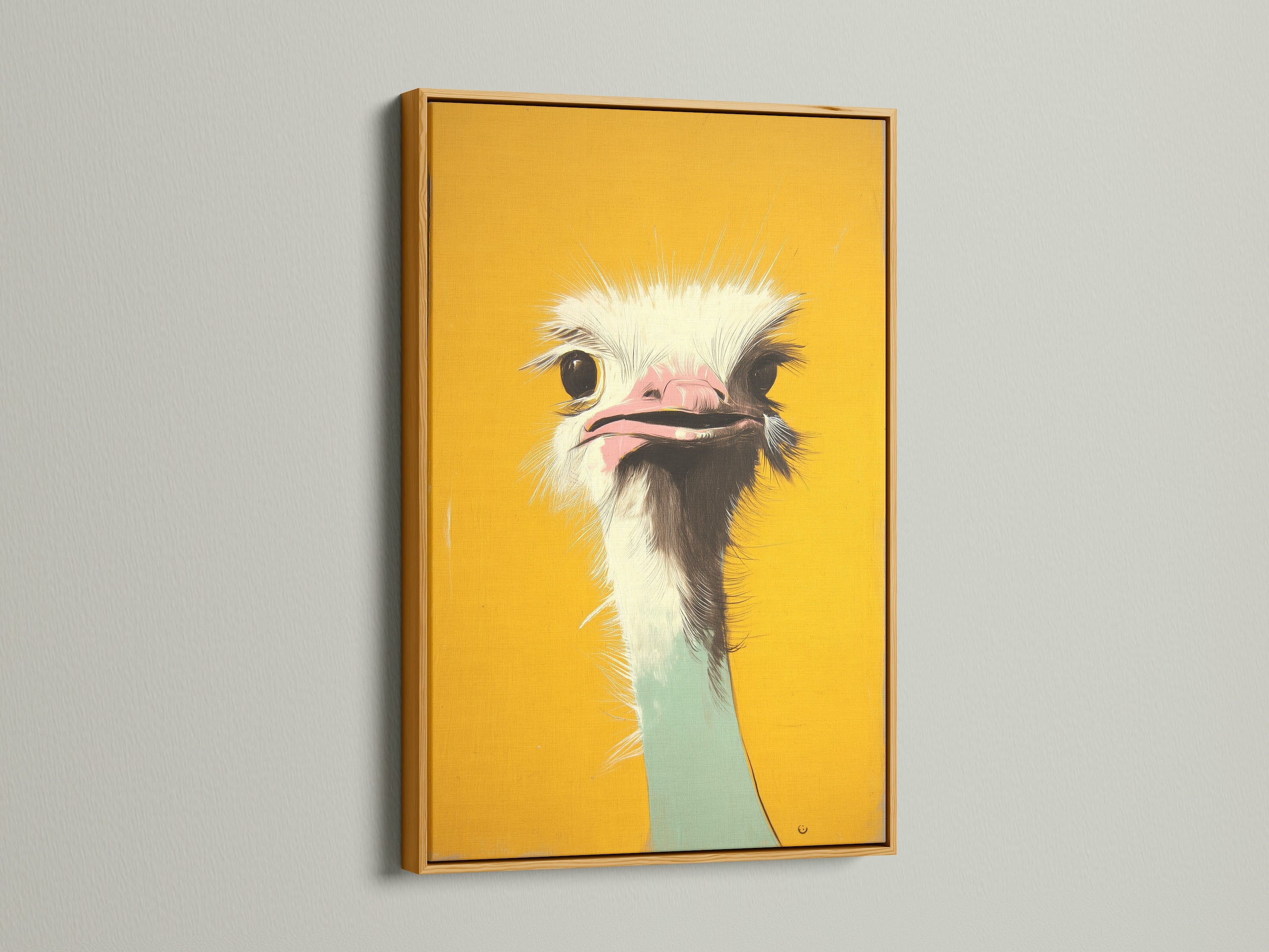A colorful ostrich art print is luxuriously displayed in a gold frame. The gold frame adds a touch of opulence and glamour. This is a statement piece for any art lover. Shop our framed art collection.