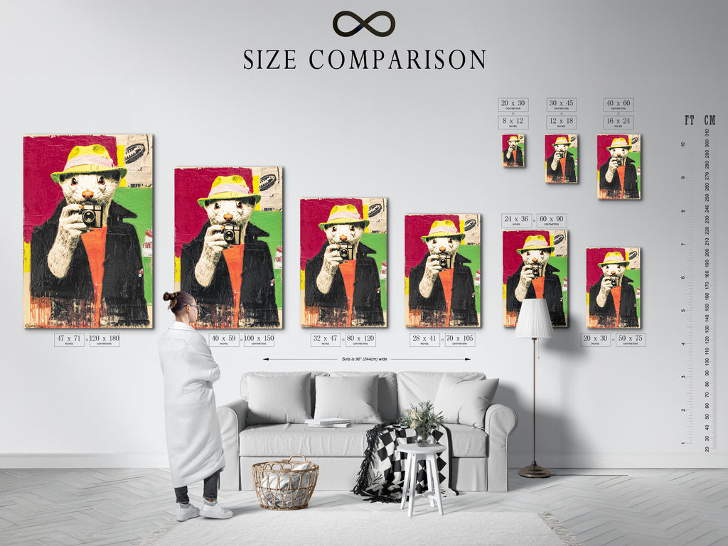 Size comparison chart of the Hipster Otter artwork in an interior setting. Visualize how this piece will look in your space. Choose the perfect size to suit your wall. Transform your home with our unique wall art.