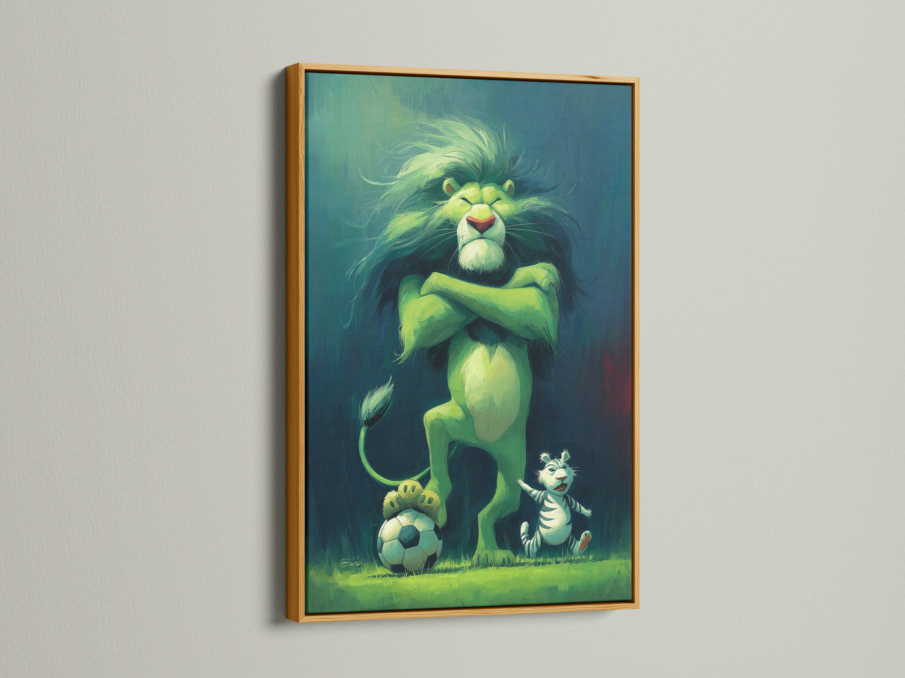 A gold frame brings a regal touch to the Lion King Simba artwork. It makes it ideal for an elegant nursery or kids room. The gold frame adds a warm and luxurious feel. The golden hue complements the vibrant colors.