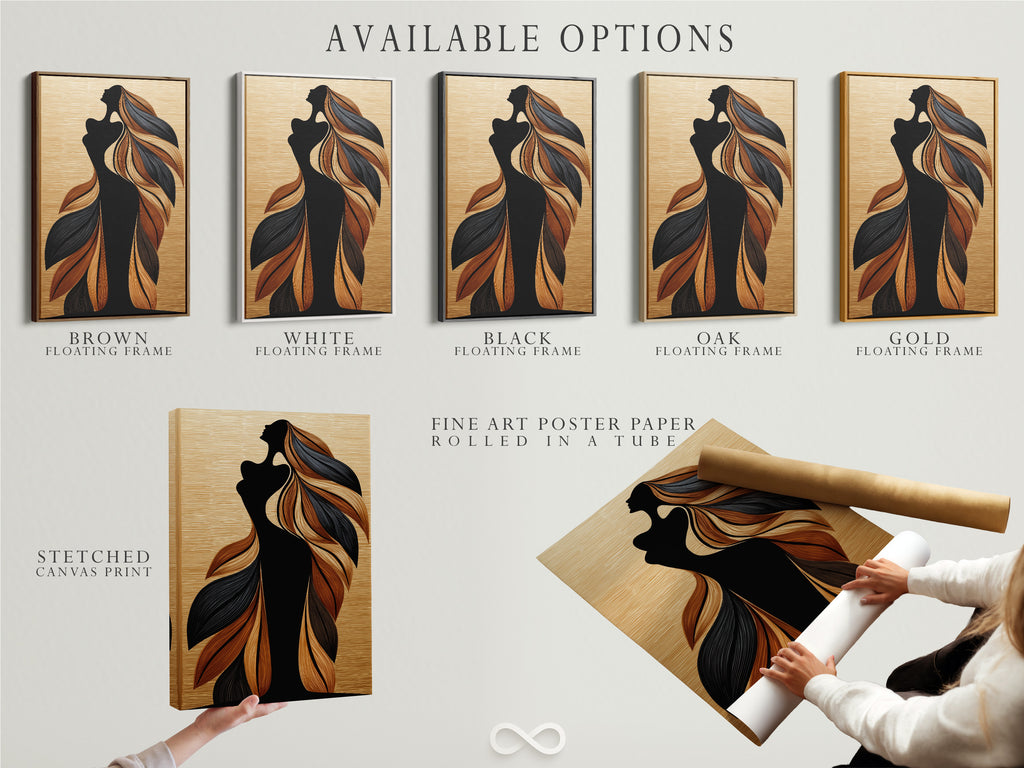 Explore the available options for the woman silhouette artwork. Choose from a stretched canvas print fine art poster paper or floating frame. Each option enhances the flowing hair and bohemian figure. Find the perfect style to match your decor. This artwork is ideal for minimalist and contemporary settings.
