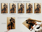 Explore the available options for the woman silhouette artwork. Choose from a stretched canvas print fine art poster paper or floating frame. Each option enhances the flowing hair and bohemian figure. Find the perfect style to match your decor. This artwork is ideal for minimalist and contemporary settings.