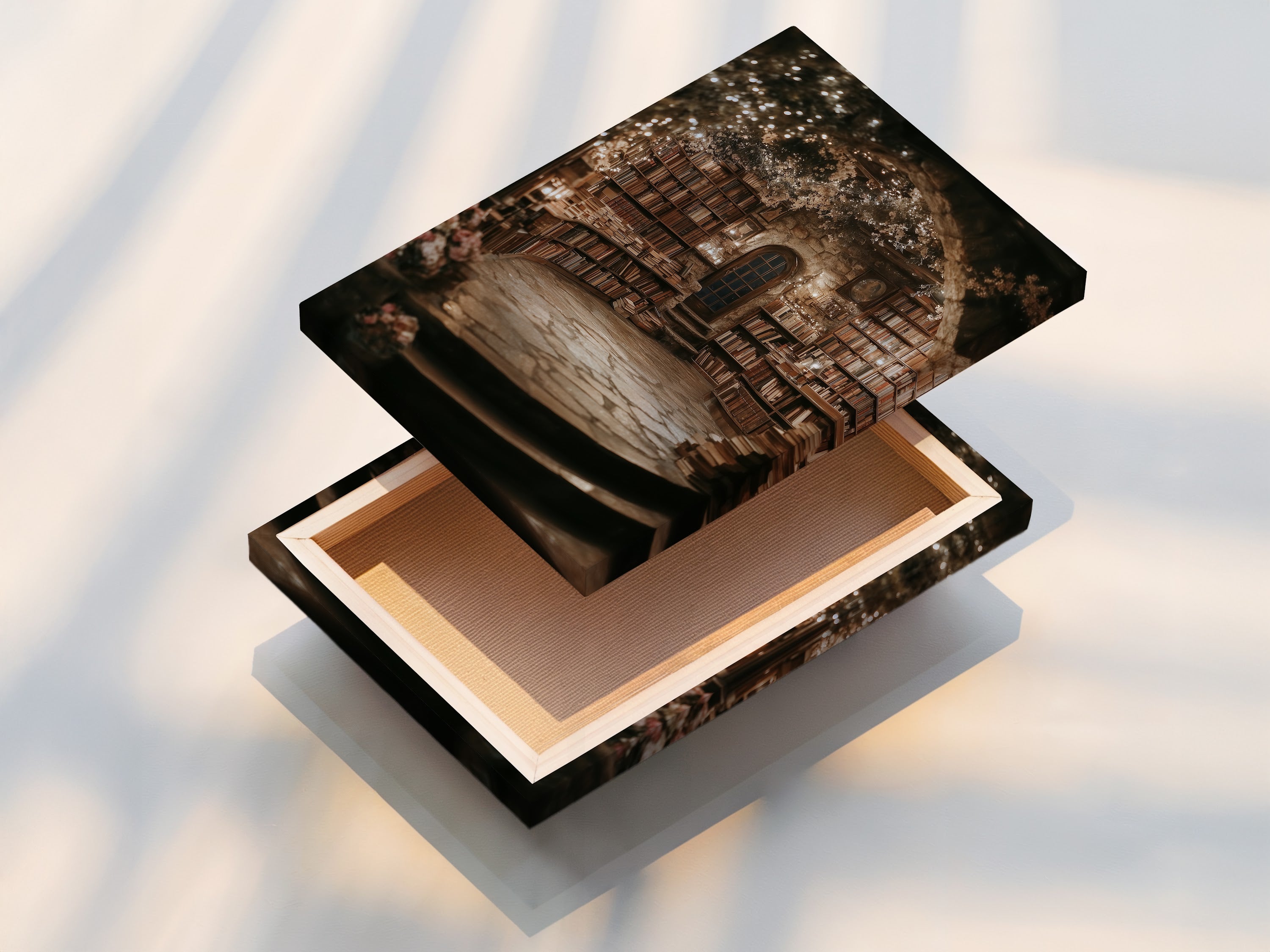 A stretched canvas print of the Victorian Library artwork ready to hang. This bookshelf art adds a touch of vintage charm to any space. Perfect for creating a cozy home atmosphere.