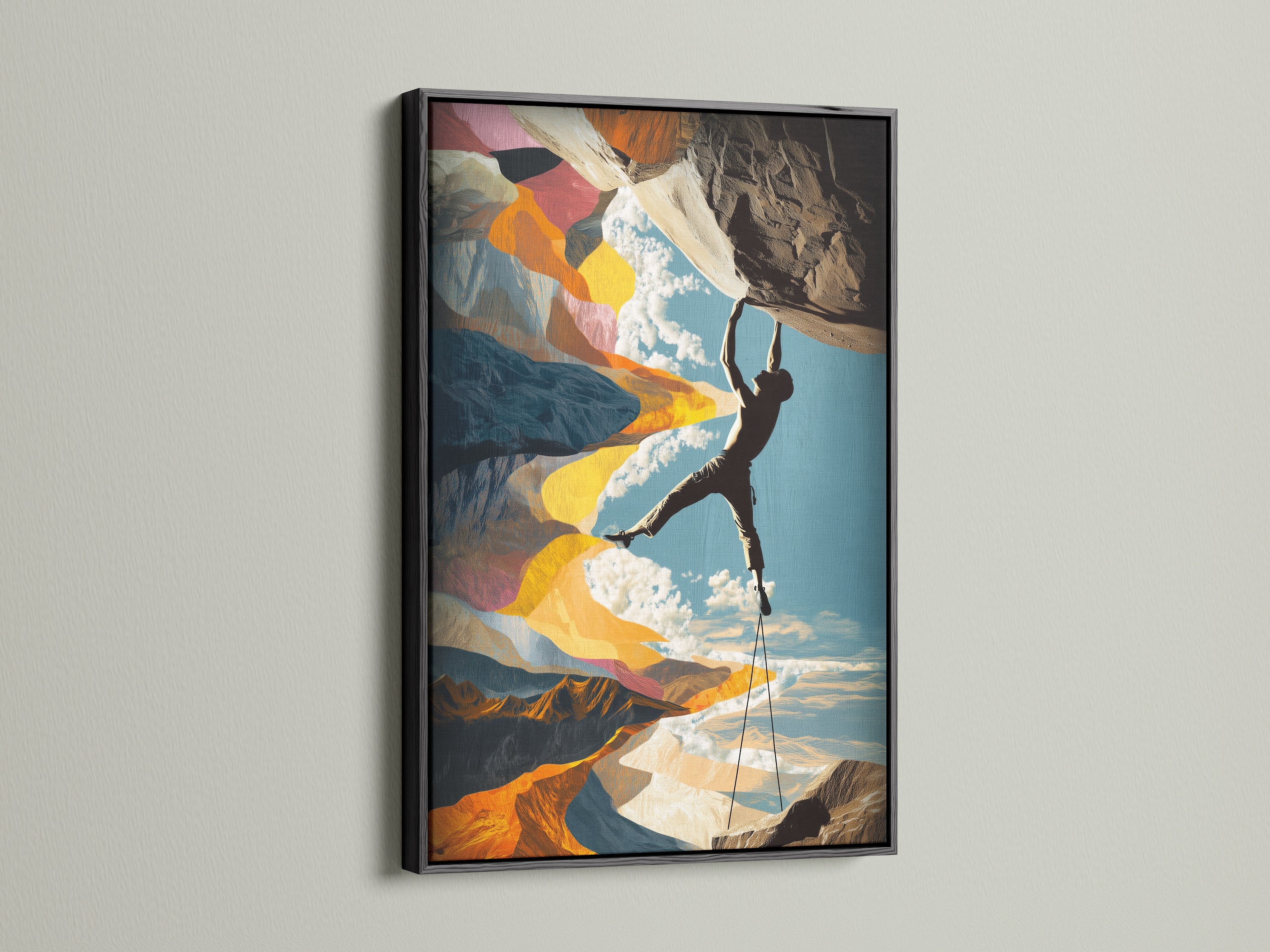 This is a black frame for an adventure canvas wall art. The mountain sports poster is perfect for office decor. This extreme sports gift is perfect for rock climbers. It is ideal for sports enthusiasts