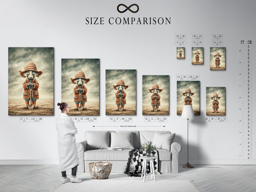 A size comparison chart is displayed in a cozy interior setting. This chart helps visualize the artwork's dimensions. See how the raccoon wall art fits in various spaces. Perfect for planning your woodland nursery decor. Choose the ideal size for your kids room art.