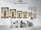 A size comparison chart is displayed in a cozy interior setting. This chart helps visualize the artwork's dimensions. See how the raccoon wall art fits in various spaces. Perfect for planning your woodland nursery decor. Choose the ideal size for your kids room art.
