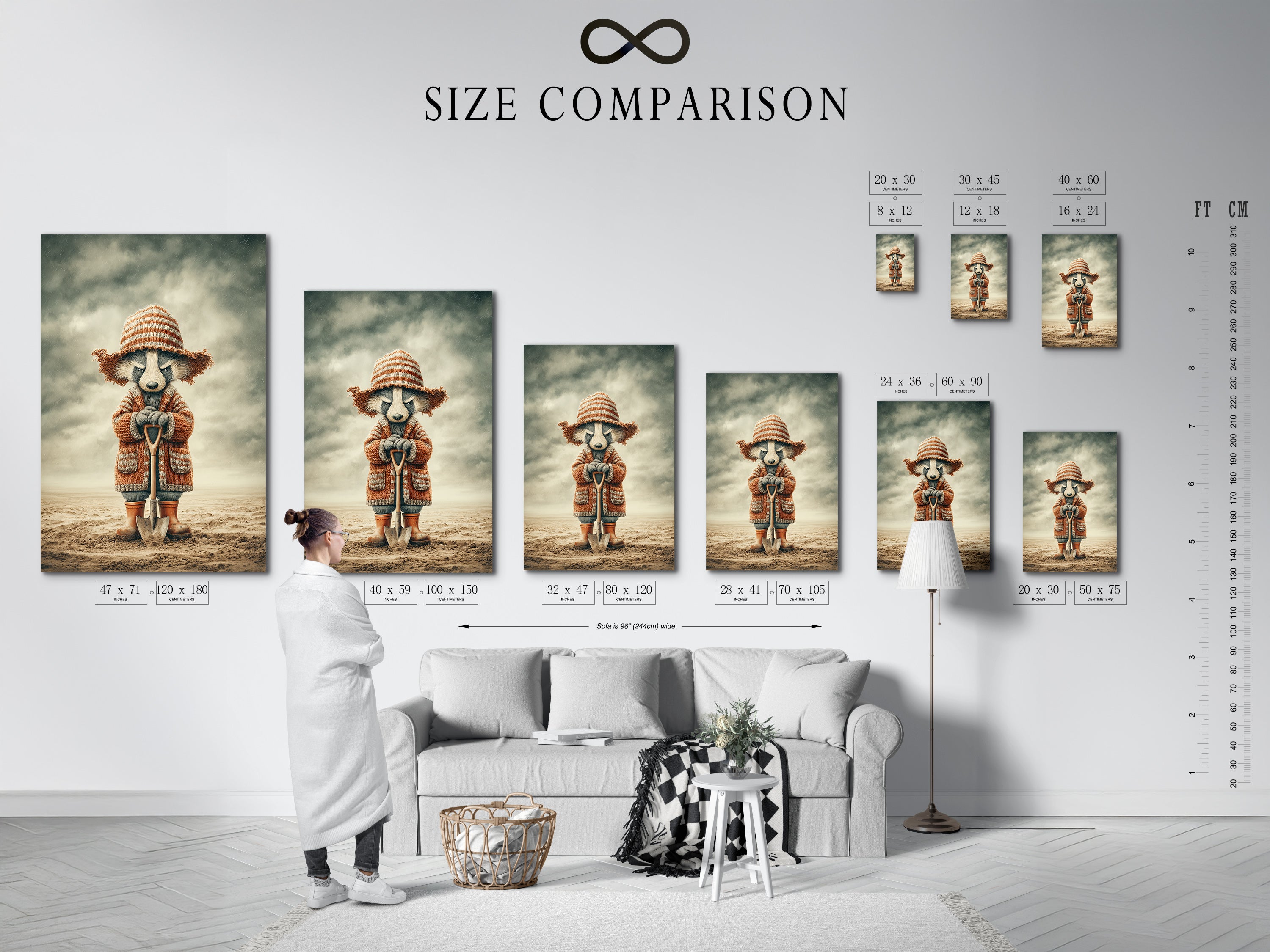 A size comparison chart is displayed in a cozy interior setting. This chart helps visualize the artwork's dimensions. See how the raccoon wall art fits in various spaces. Perfect for planning your woodland nursery decor. Choose the ideal size for your kids room art.