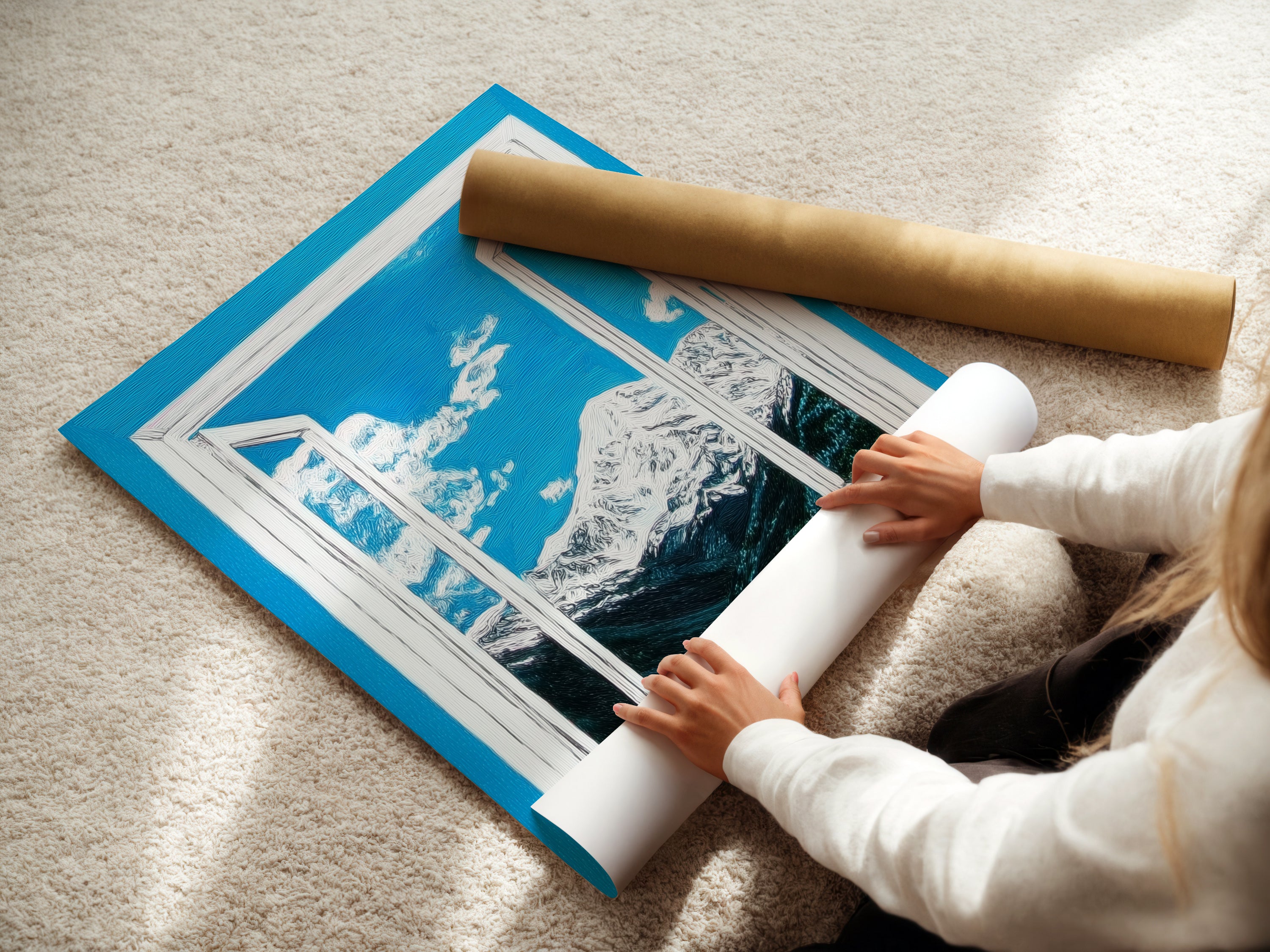 A woman is carefully rolling a fine art poster paper. The paper features a mountain view artwork. This bright blue sky artwork is perfect for home decor. The fine art poster paper ensures high-quality prints. Ideal for creating stunning wall art displays. Bring nature into your home.