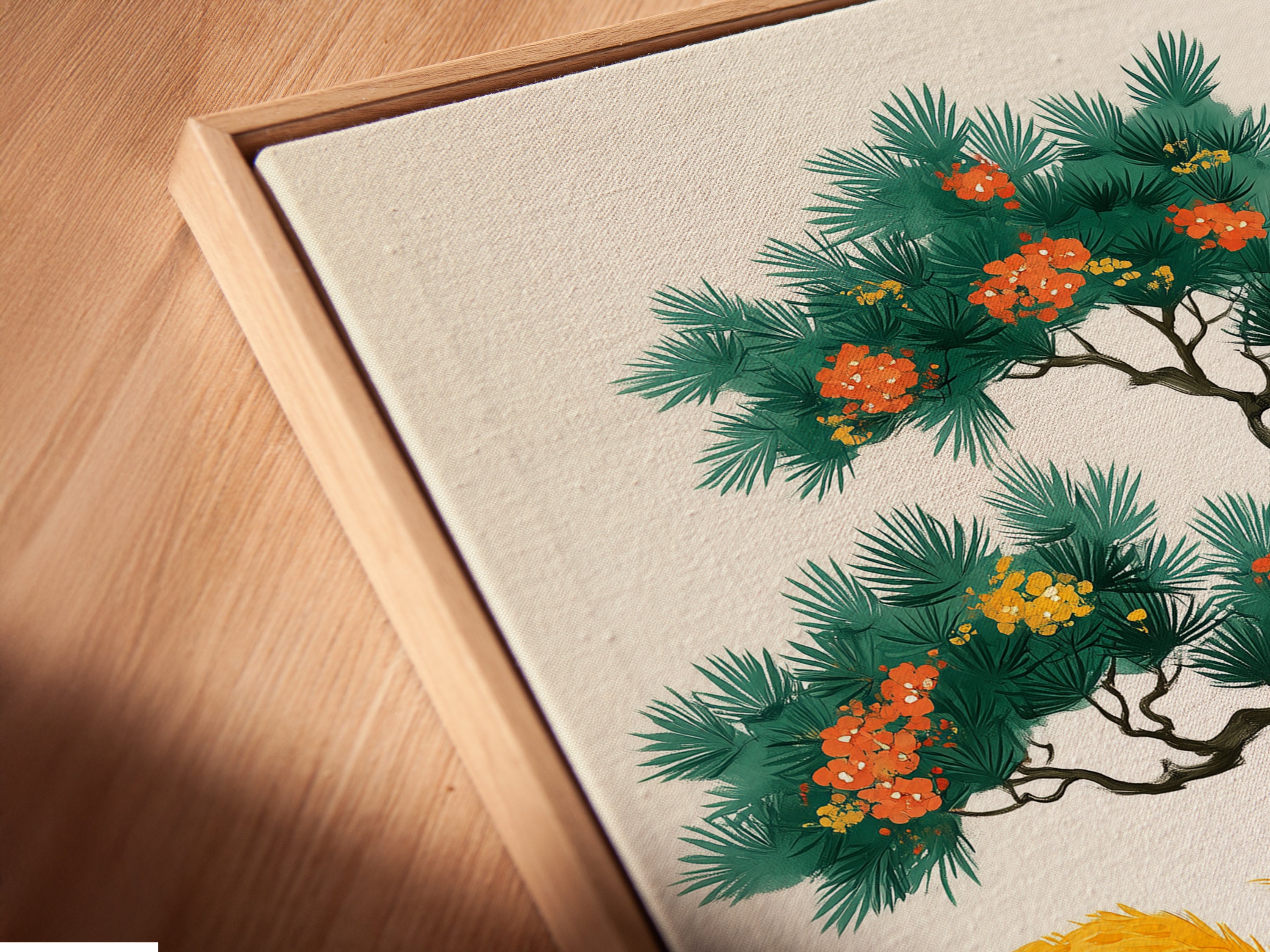 Close-up angled view of a canvas print in a floating frame. This whimsical squirrel artwork adds a unique touch to any room. Perfect for kids room decor or nature-inspired spaces. The botanical tree art brings a cozy feel to your home. A charming addition to Scandinavian themes.