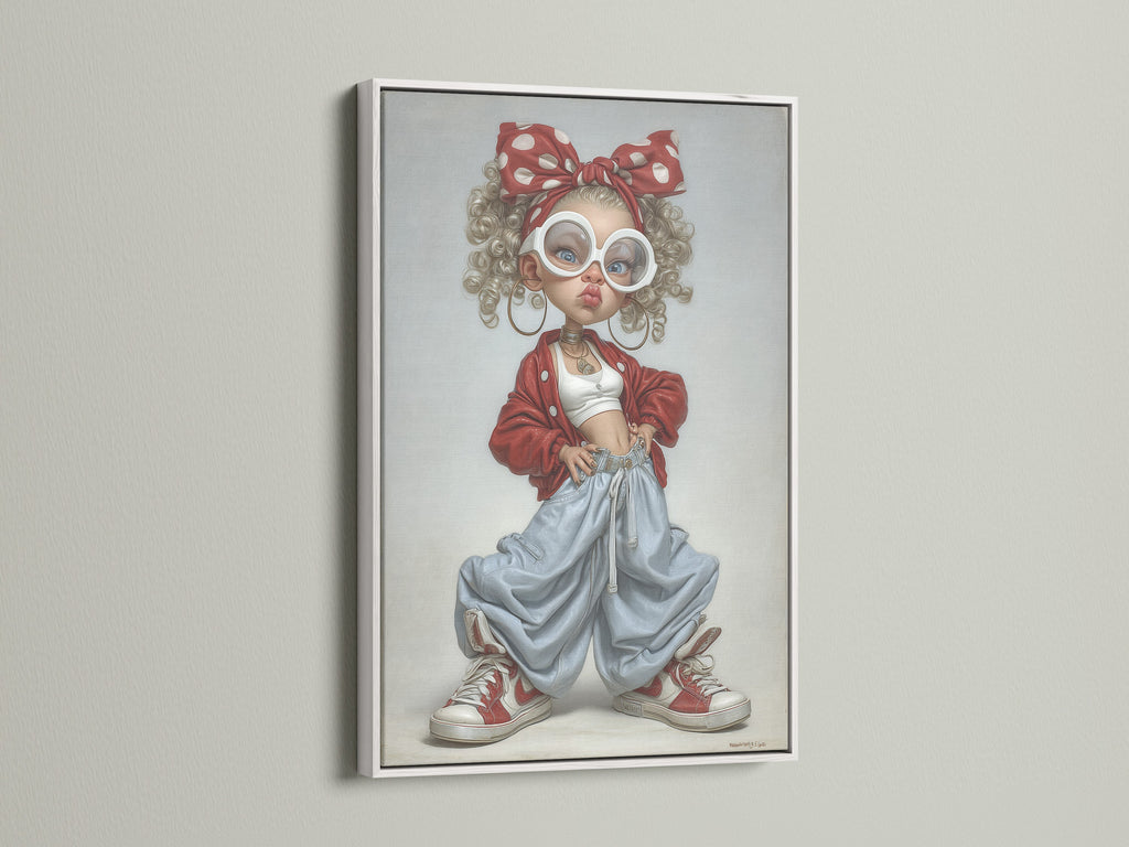 Artwork with a white frame hanging on a wall. The artwork shows a girl with curly hair and a red headscarf. The white frame offers a clean modern look. It will complement any interior style. Elevate your home decor with this framed art.