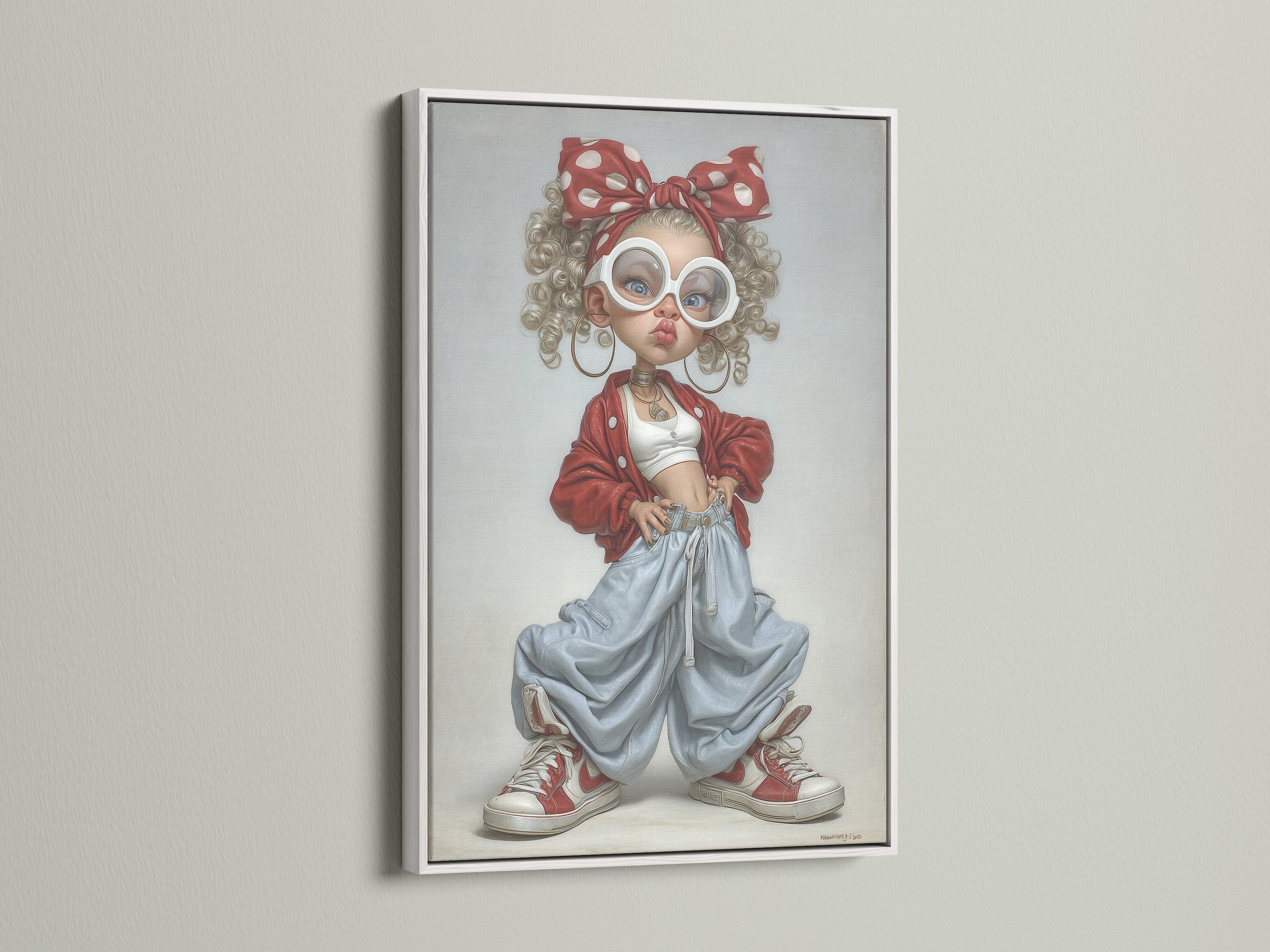 Artwork with a white frame hanging on a wall. The artwork shows a girl with curly hair and a red headscarf. The white frame offers a clean modern look. It will complement any interior style. Elevate your home decor with this framed art.