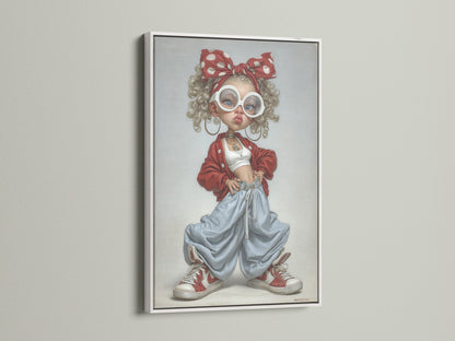 Artwork with a white frame hanging on a wall. The artwork shows a girl with curly hair and a red headscarf. The white frame offers a clean modern look. It will complement any interior style. Elevate your home decor with this framed art.