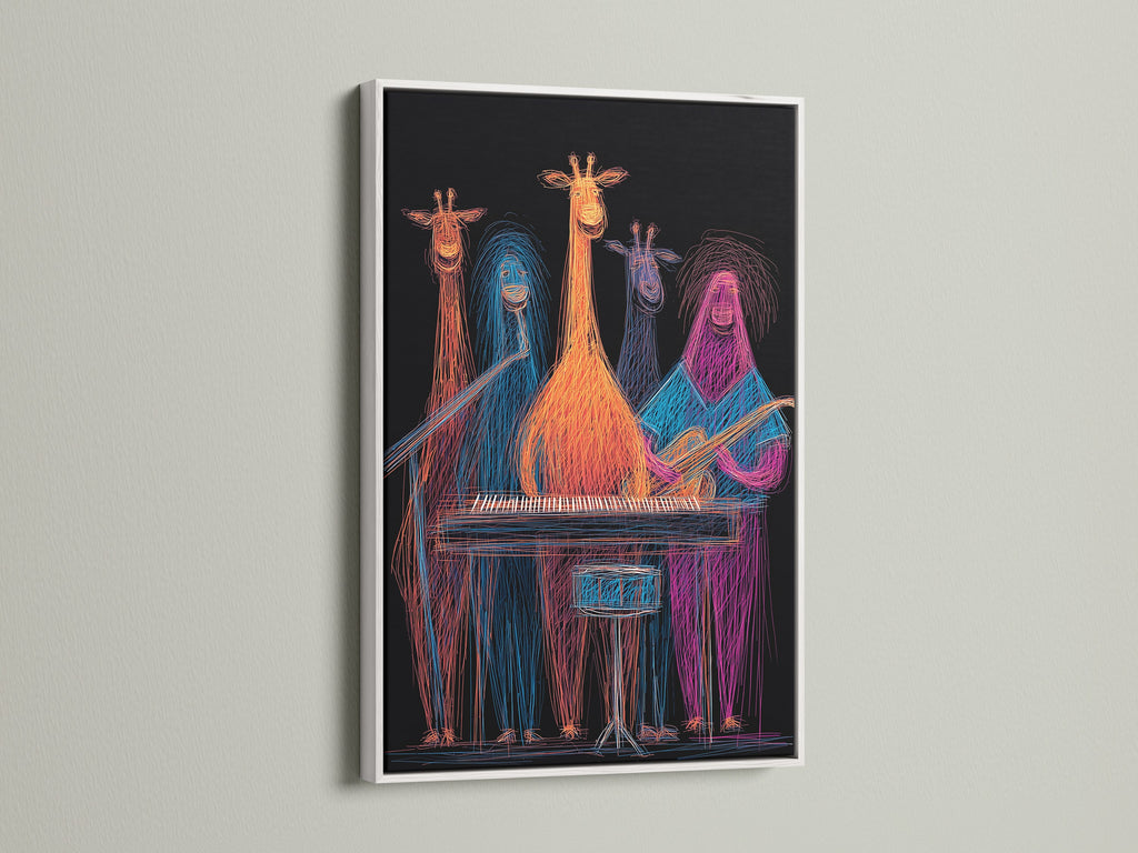 A white frame presents colorful music wall art. The artwork features a giraffe band. This neon animal musicians print is perfect for kids. It is ideal for a music studio. Add a playful touch with funky animal print. Vibrant animal art enhances any room.