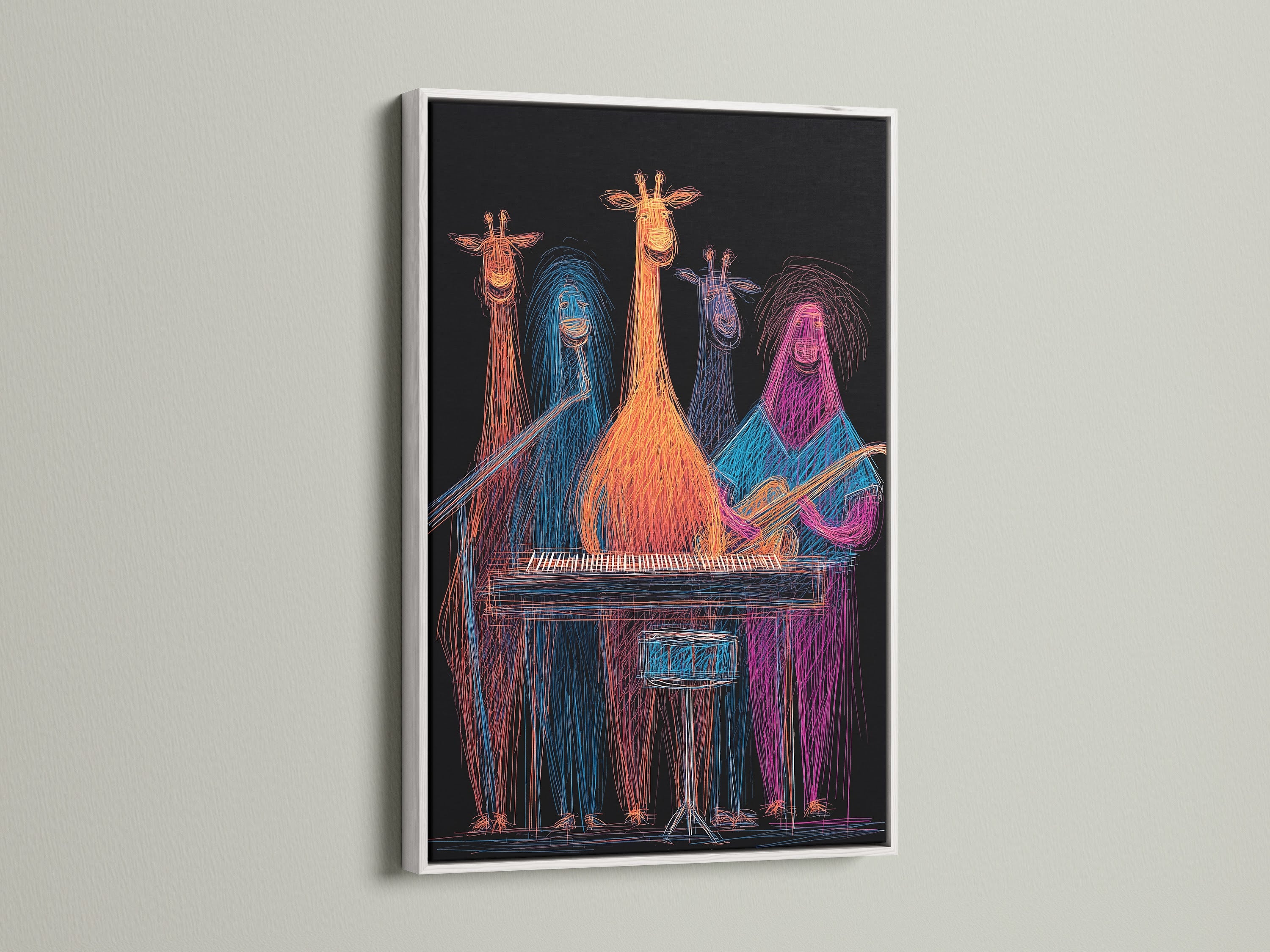 A white frame presents colorful music wall art. The artwork features a giraffe band. This neon animal musicians print is perfect for kids. It is ideal for a music studio. Add a playful touch with funky animal print. Vibrant animal art enhances any room.