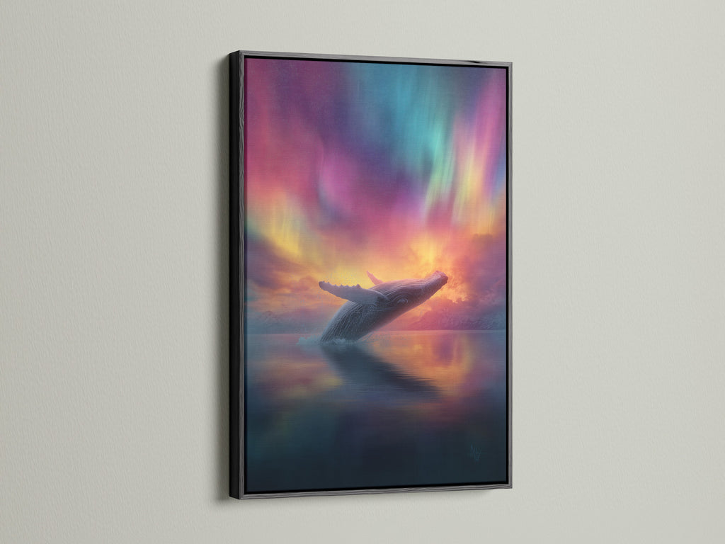 Artwork featuring a whale breaching under the northern lights. The art is displayed in a black frame. The black frame adds a bold statement. It makes the colors pop. It is a striking addition to any room. Perfect for contemporary art enthusiasts.