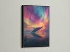 Artwork featuring a whale breaching under the northern lights. The art is displayed in a black frame. The black frame adds a bold statement. It makes the colors pop. It is a striking addition to any room. Perfect for contemporary art enthusiasts.