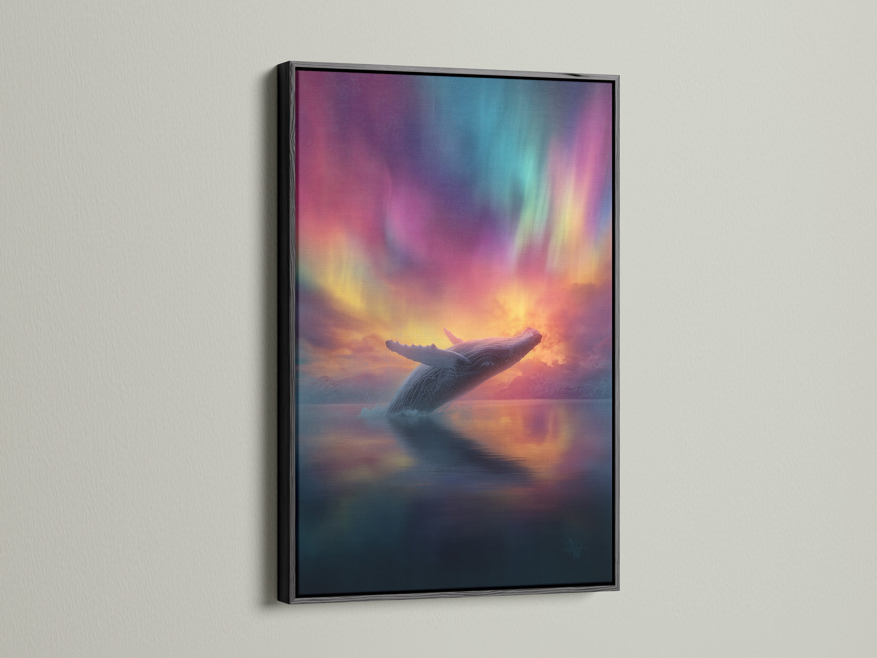 Artwork featuring a whale breaching under the northern lights. The art is displayed in a black frame. The black frame adds a bold statement. It makes the colors pop. It is a striking addition to any room. Perfect for contemporary art enthusiasts.