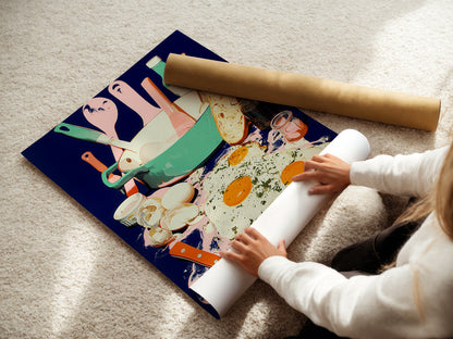 A woman rolls a fine art poster paper featuring Breakfast Still Life art. This kitchen artwork includes a colorful and modern food scene. The poster is ideal for adding a touch of culinary whimsy to your space. Perfect for kitchen or cafe decor.