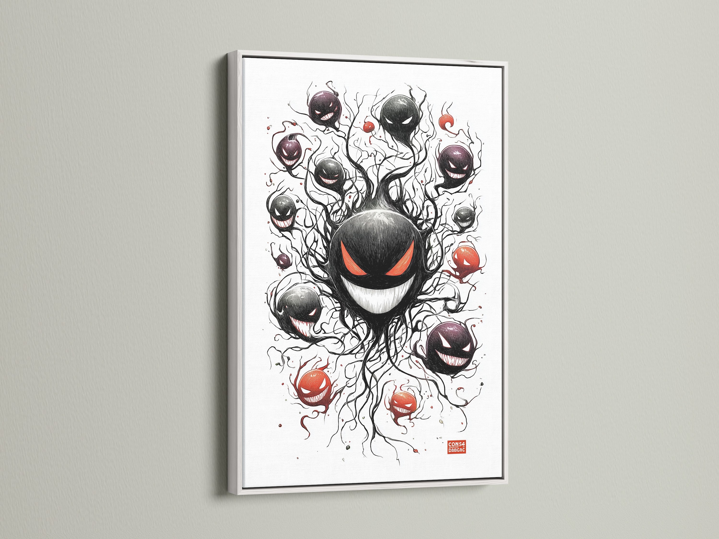 A white frame provides a clean modern look. This frame is ideal for the ghostly haunter artwork. The white enhances spooky anime and red-eyed monster artwork. Perfect for a digital art print or creepy cute art.