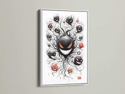 A white frame provides a clean modern look. This frame is ideal for the ghostly haunter artwork. The white enhances spooky anime and red-eyed monster artwork. Perfect for a digital art print or creepy cute art.