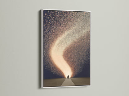 Abstract family artwork framed in a sleek white frame. The celestial art print adds a modern touch to your nursery wall art. This cosmic sparkle canvas enhances any room. Perfect for minimalist Scandinavian or eclectic styles. Bring a dreamy and starry night art to your home decor.