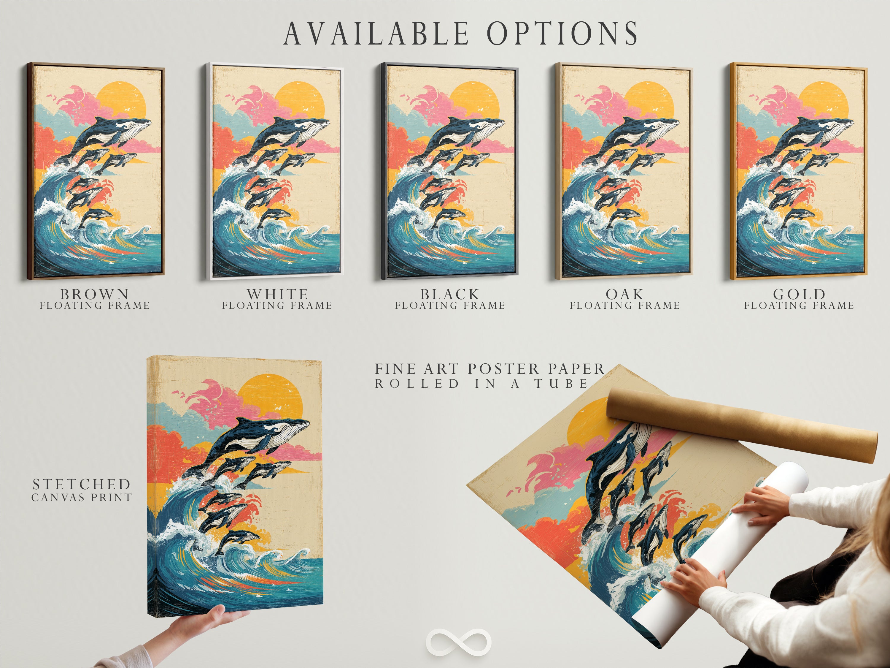 Available options for whale ocean artwork. Options include stretched canvas print fine art poster paper and floating frame. Choose the perfect format to match your style and decor. Vintage marine artwork for coastal wall decor.