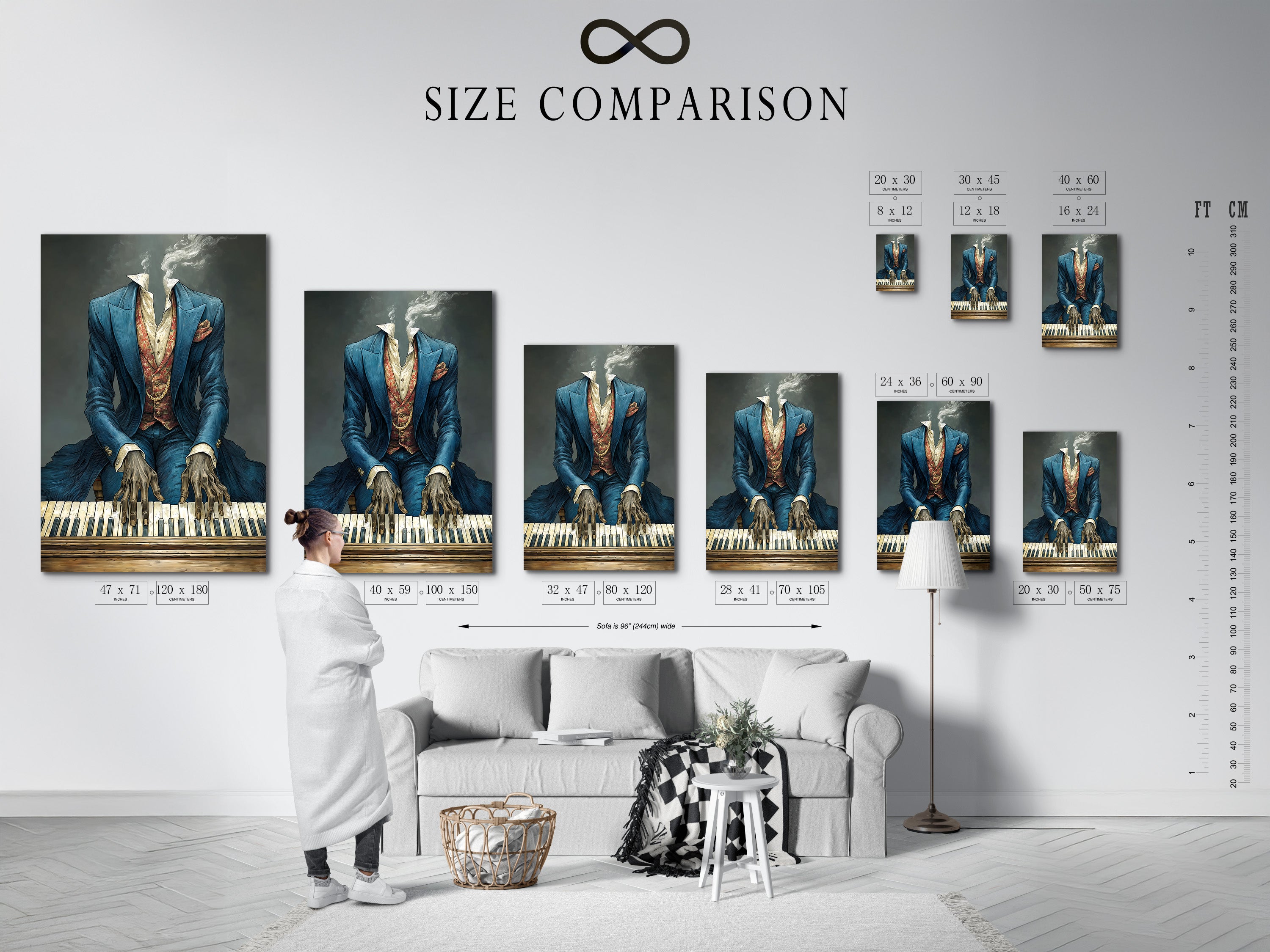 Size comparison chart in an interior setting. This vintage piano player art is a unique piece. The surreal music wall art elevates any room and makes a great gift for music lovers.