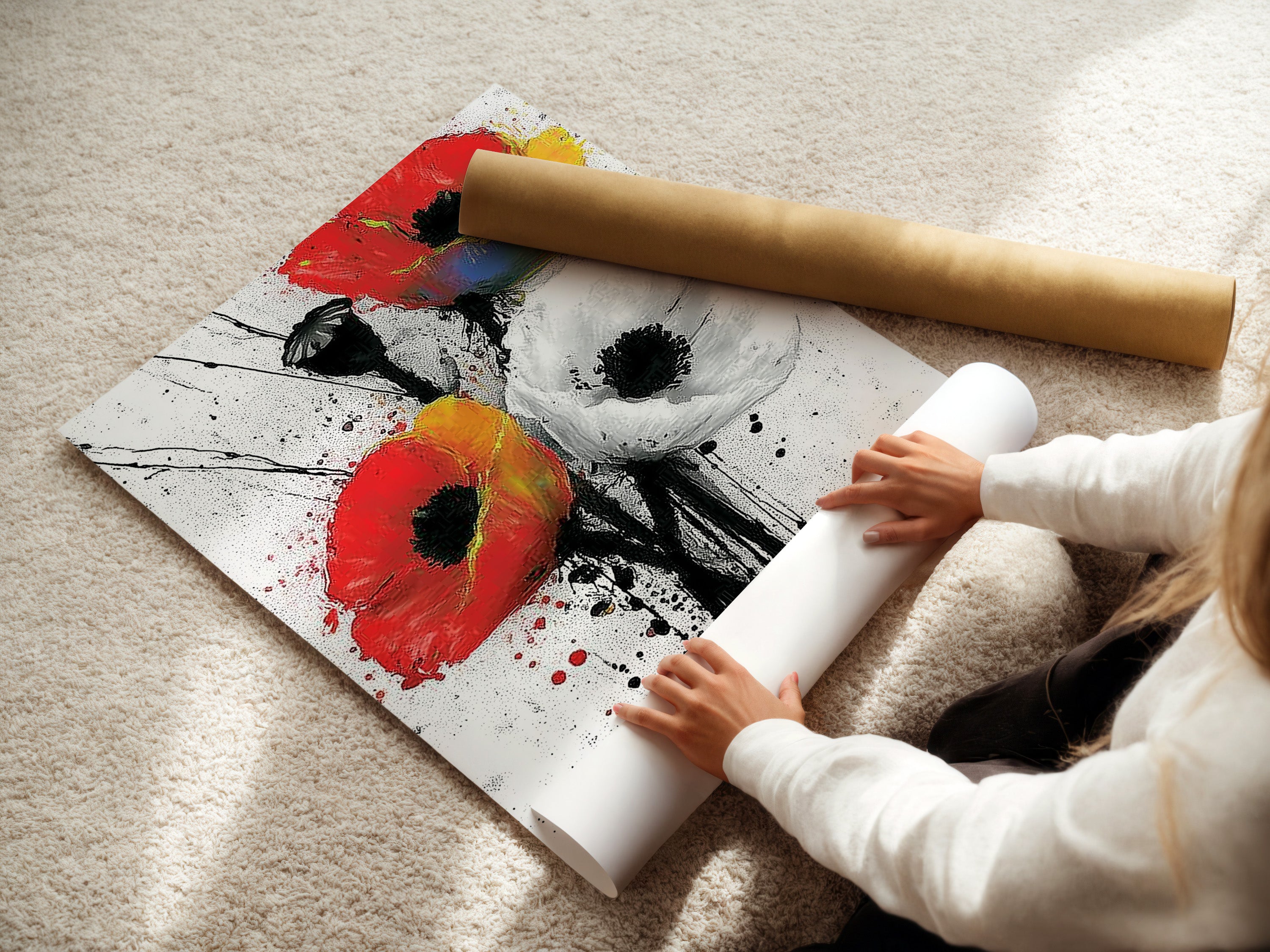A woman is carefully rolling a fine art poster paper. The paper features the Abstract Poppy artwork. The red and white floral print is vibrant and eye-catching. This poster is perfect for adding a touch of botanical art. It enhances bedroom wall decor or office wall art.