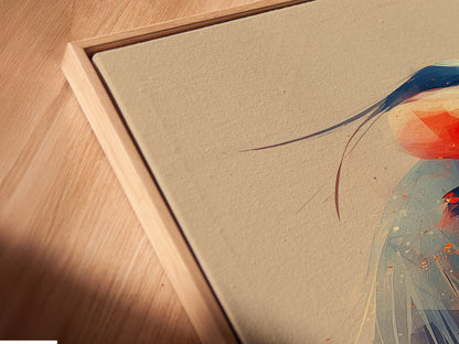 A close-up view of a canvas print in a floating frame. The heron artwork looks stunning in this modern frame. Business owners will appreciate this contemporary wall decor. The floating frame gives a gallery-like feel to the bird print. It elevates any space with nature-inspired art.