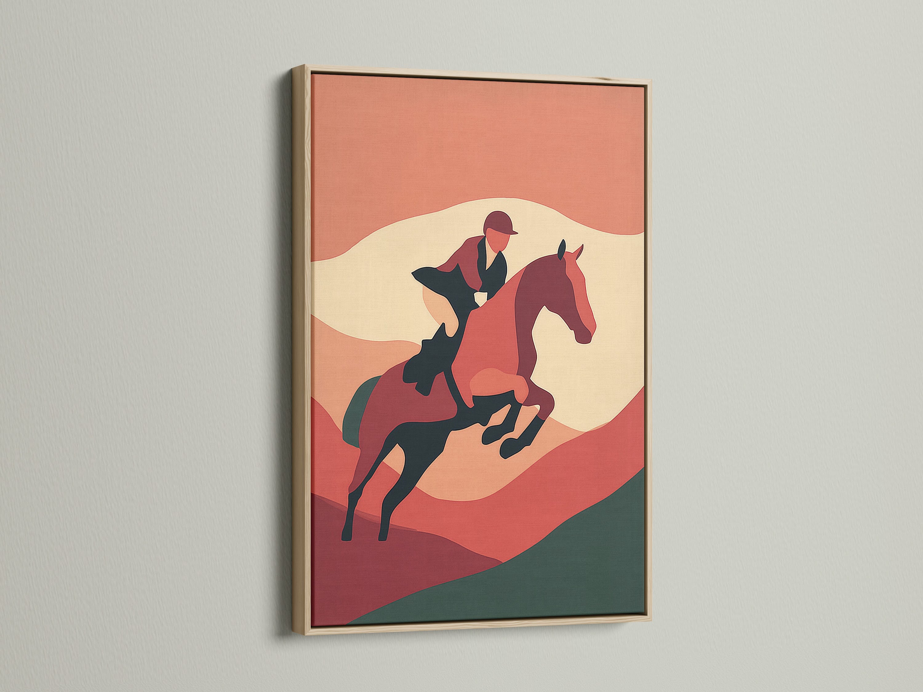 Equestrian art showcased in an oak frame. The horse rider canvas wall art has vintage terracotta tones. This western decor brings a touch of rustic elegance. Ideal for homeowners and interior designers seeking unique horse artwork. Enhance your space with this horse rider print.