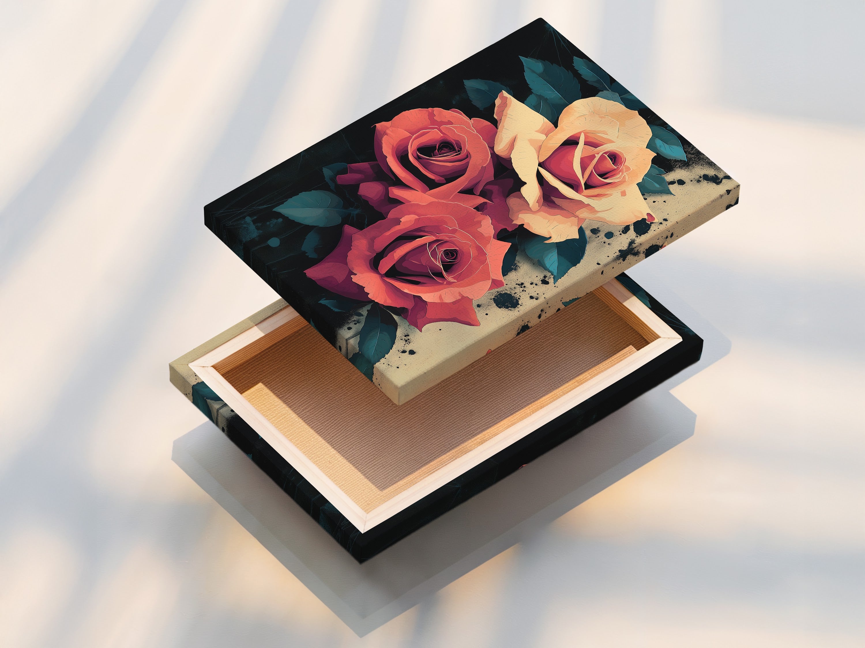 This is a stretched canvas print. It features beautiful peach and coral roses. The canvas is stretched perfectly. Ready to hang and admire. Ideal for adding floral art to any room. This canvas enhances the botanical artwork