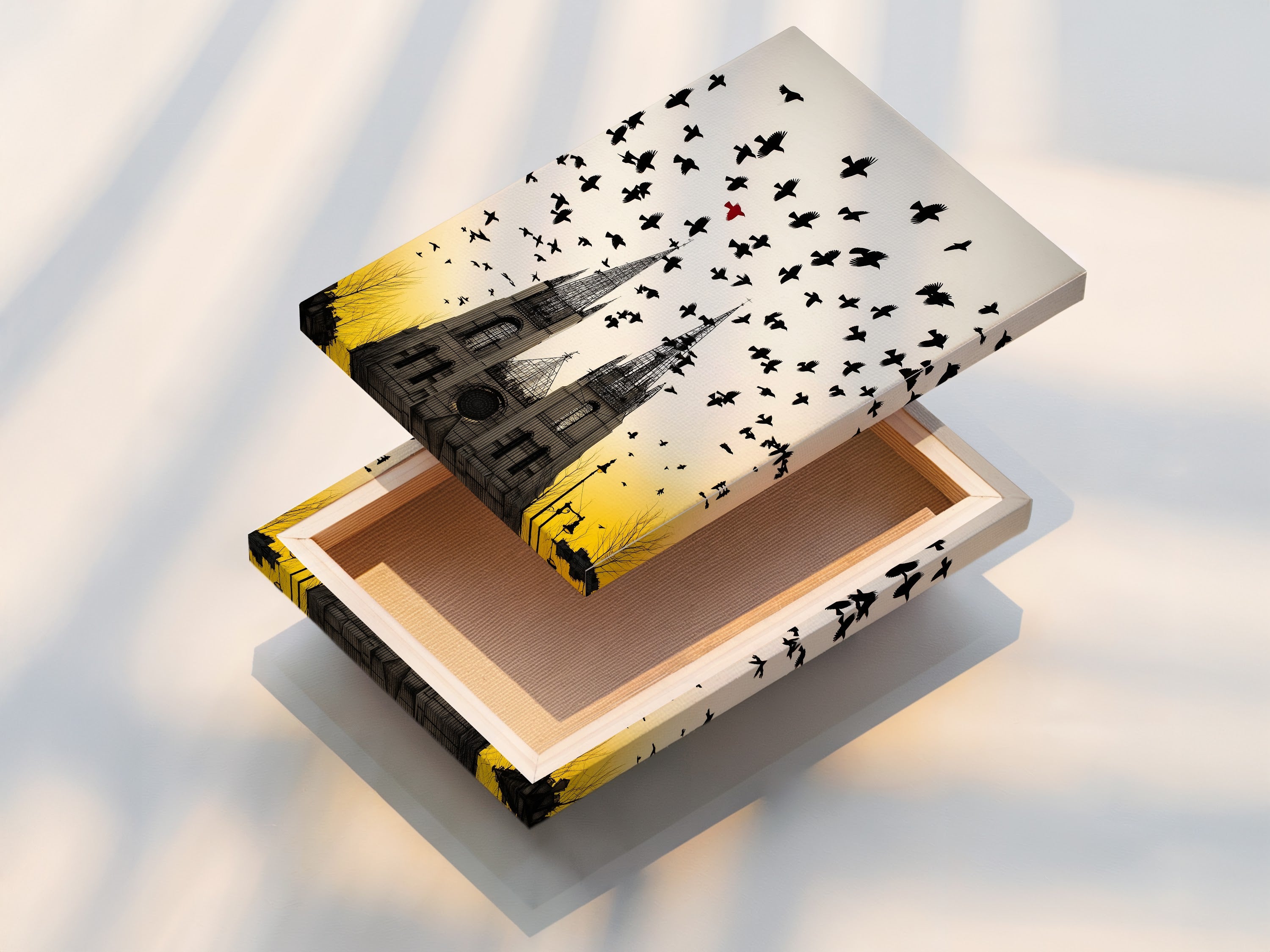 This is a stretched canvas print. The artwork is a gothic cathedral with birds in flight. The stretched canvas is ready to hang. No framing is required. Perfect for gothic home decor. The architecture print is visually stunning.