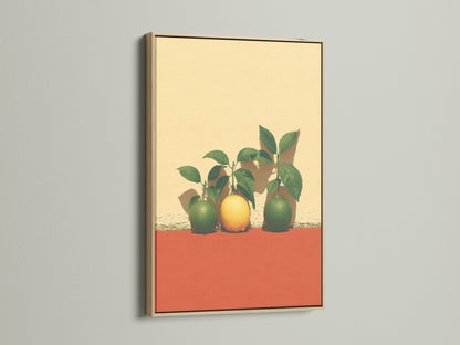 Citrus Fruit Canvas Print in an oak frame. The fruit canvas is perfect for a modern kitchen. This still life print brings botanical charm to your dining room. The oak frame enhances its minimalist style.