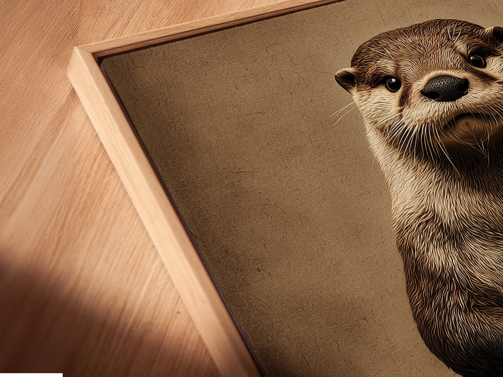 Angled close up of a canvas print in a floating frame. The artwork is an otter art print. This animal art print is a cute wildlife canvas. It enhances nursery wall decor. It also enhances bathroom wall art. The otter artwork is perfect for animal lovers. This whimsical art complements minimalist styles